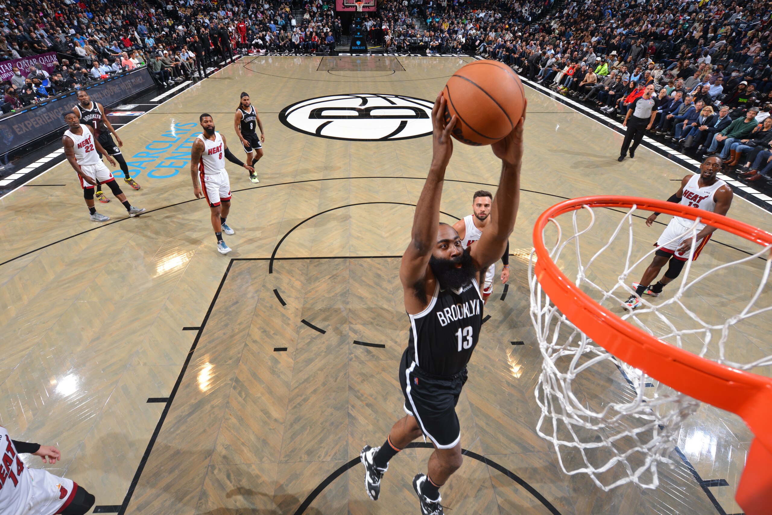 BROOKLYN, NY - OCTOBER 27: James Harden #13 of the Brooklyn Nets dunks the ball against the Miami Heat on October 27, 2021 at Barclays Center in Brooklyn, New York. NOTE TO USER: User expressly acknowledges and agrees that, by downloading and/or using this Photograph, user is consenting to the terms and conditions of the Getty Images License Agreement. Mandatory Copyright Notice: Copyright 2021 NBAE (Photo by Jesse D. Garrabrant/NBAE via Getty Images)