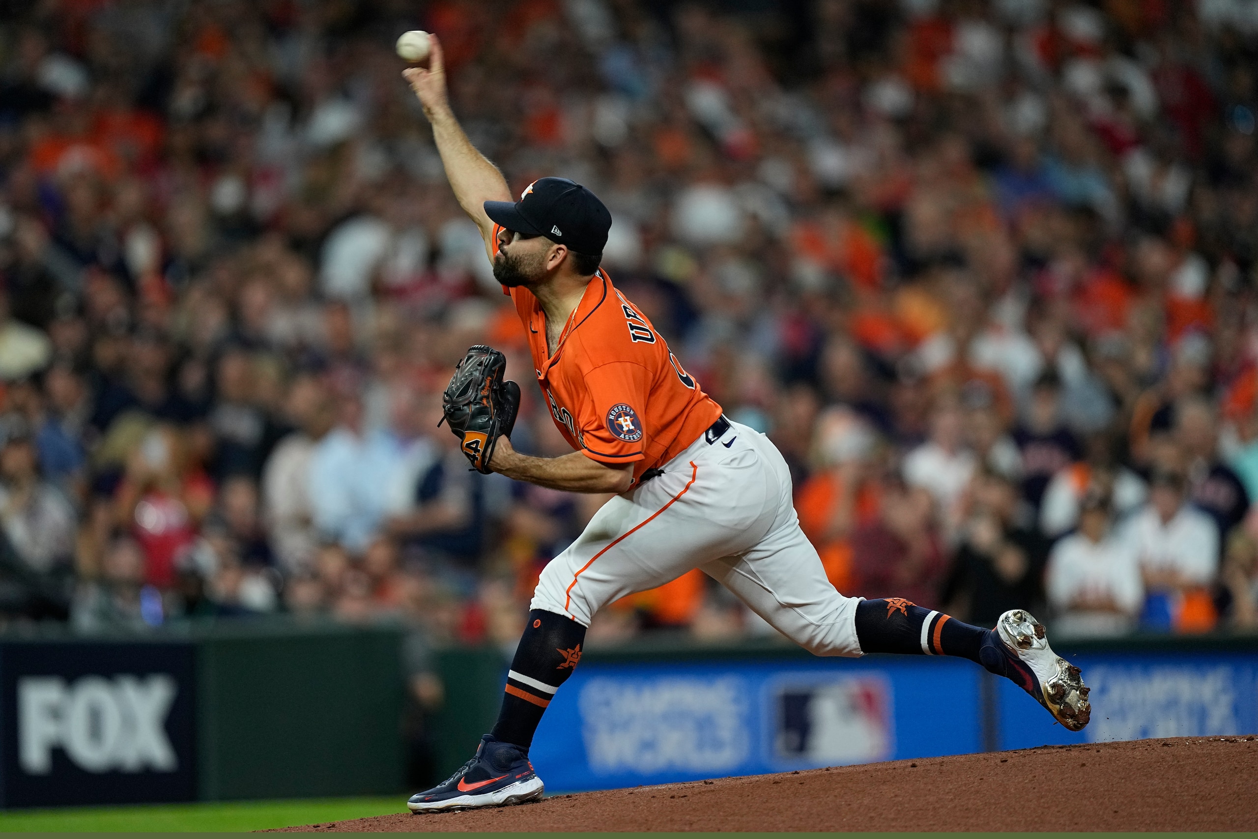 Houston Astros starting pitcher Jose Urquidy throws during the first inning in Game 2 of baseball's World Series between the Houston Astros and the Atlanta Braves Wednesday, Oct. 27, 2021, in Houston. (AP Photo/David J. Phillip)