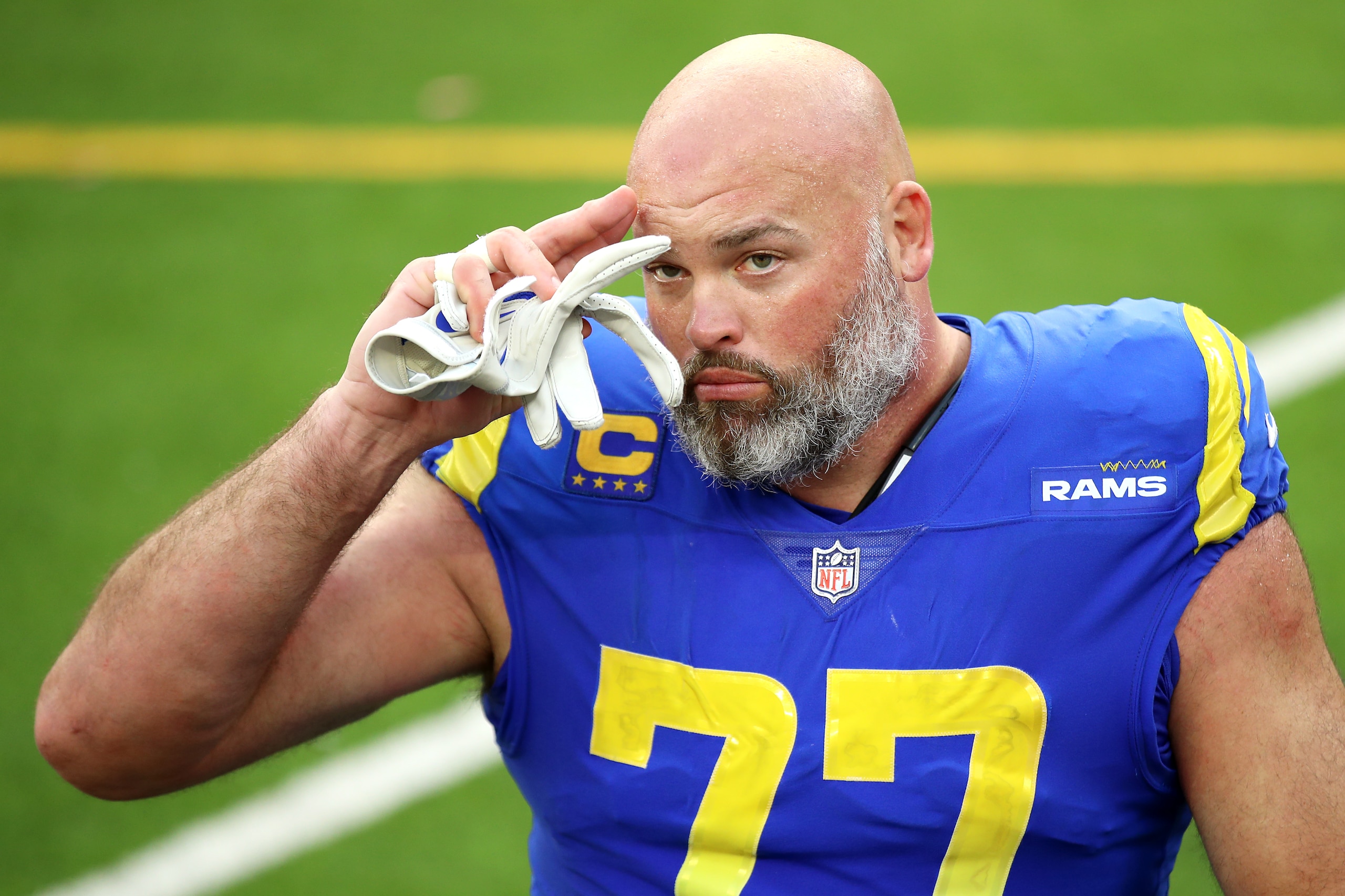 INGLEWOOD, CALIFORNIA - OCTOBER 24: Andrew Whitworth #77 of the Los Angeles Rams looks on after the game against the Detroit Lions at SoFi Stadium on October 24, 2021 in Inglewood, California. (Photo by Katelyn Mulcahy/Getty Images)