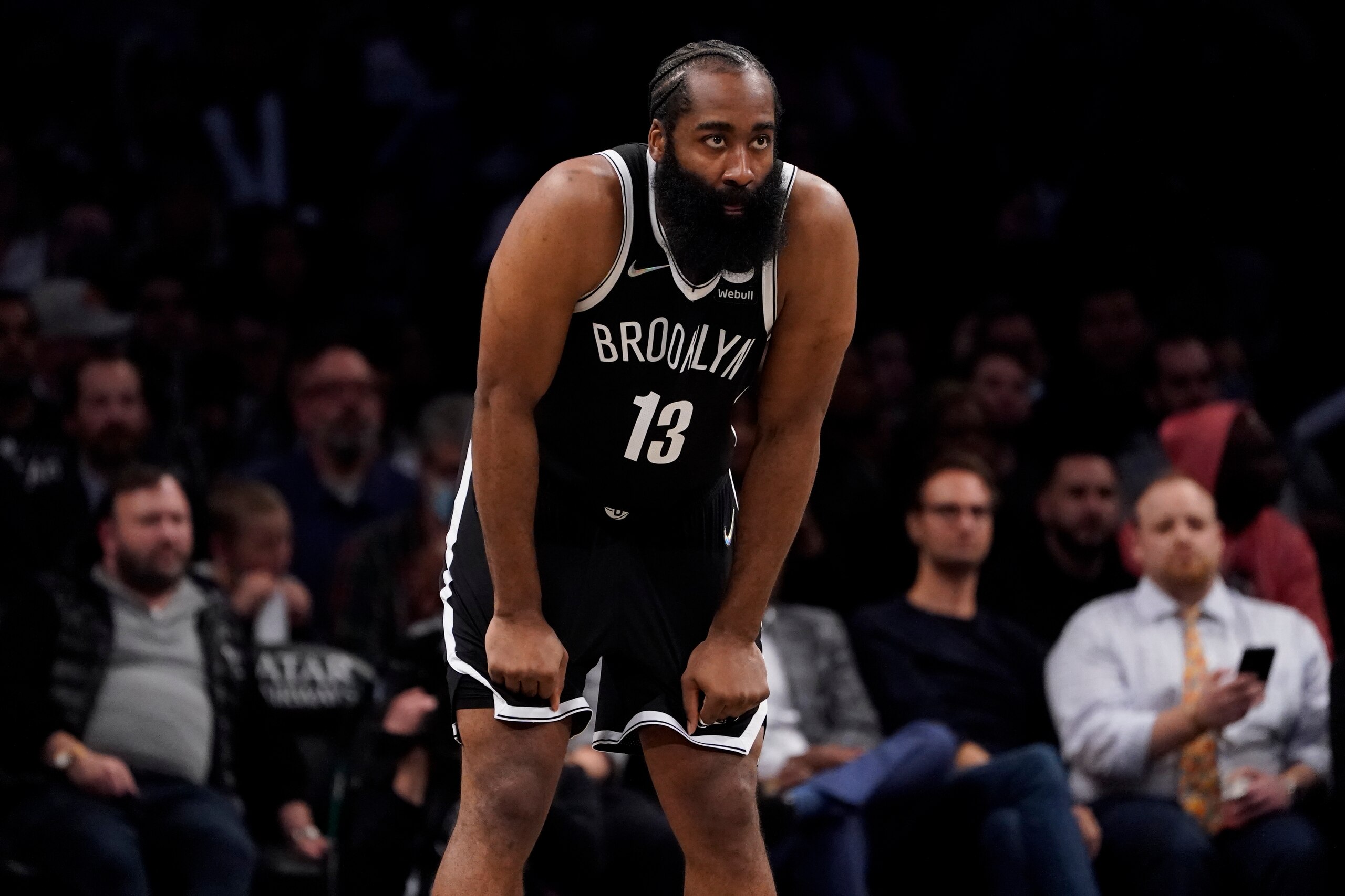Brooklyn Nets guard James Harden plays defense during the second half of an NBA basketball game against the Miami Heat, Wednesday, Oct. 27, 2021, in New York. (AP Photo/John Minchillo)