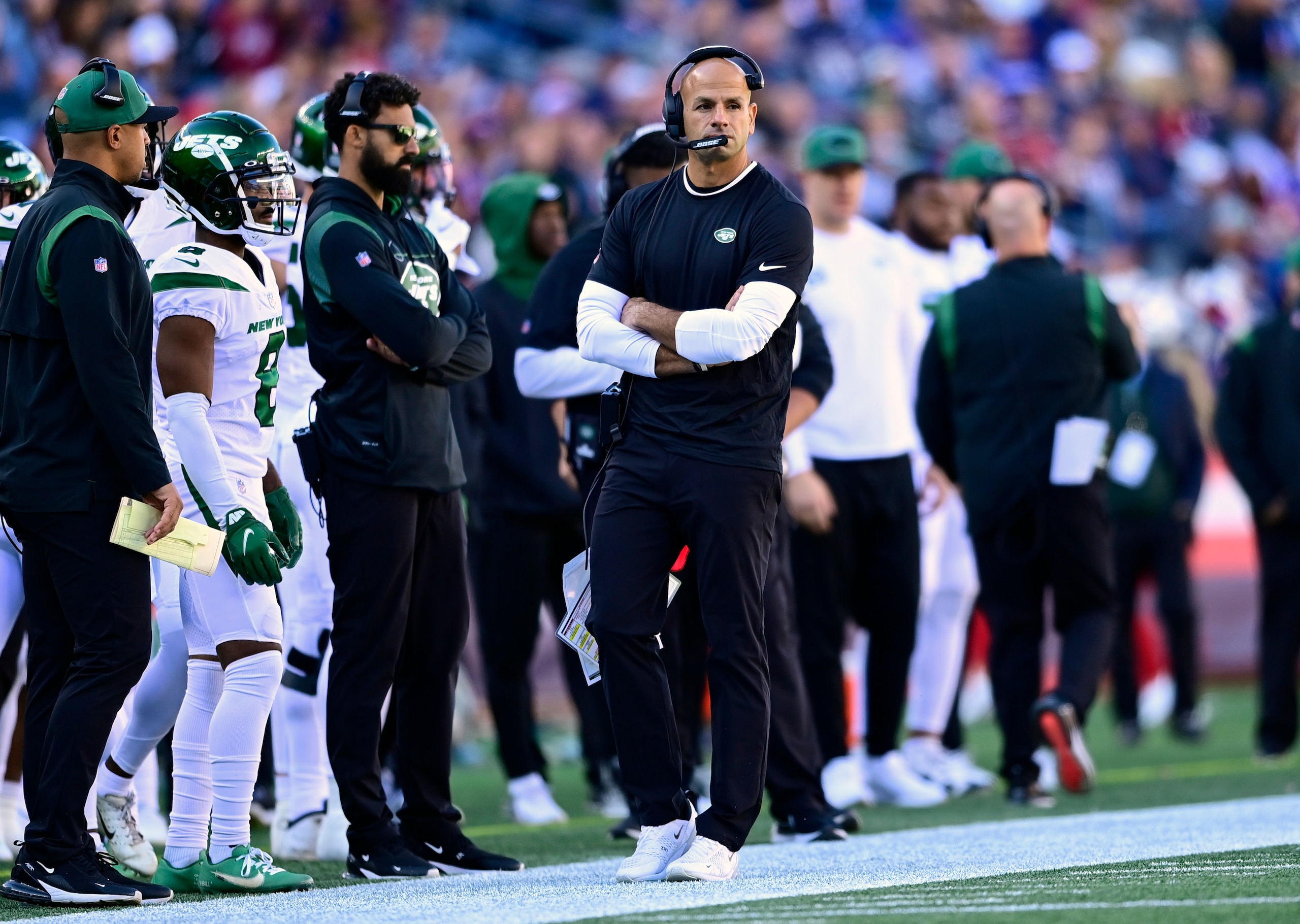 FOXBOROUGH, MASSACHUSETTS - OCTOBER 24: Head coach Robert Saleh of the New York Jets looks on during the first half in the game against the New England Patriots at Gillette Stadium on October 24, 2021 in Foxborough, Massachusetts. (Photo by Maddie Malhotra/Getty Images)
