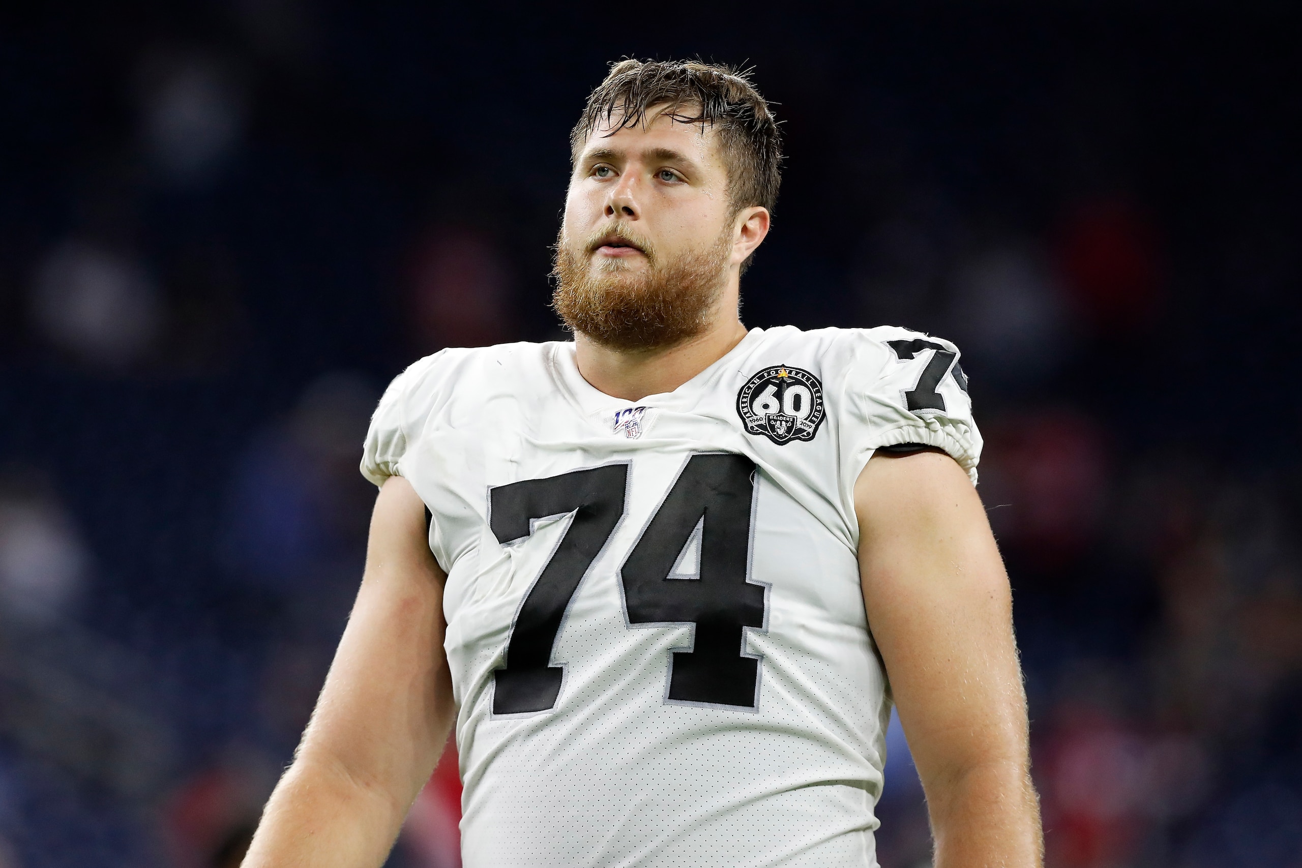 HOUSTON, TX - OCTOBER 27:  Kolton Miller #74 of the Oakland Raiders walks to the locker room after the game against the Houston Texans at NRG Stadium on October 27, 2019 in Houston, Texas.  (Photo by Tim Warner/Getty Images)