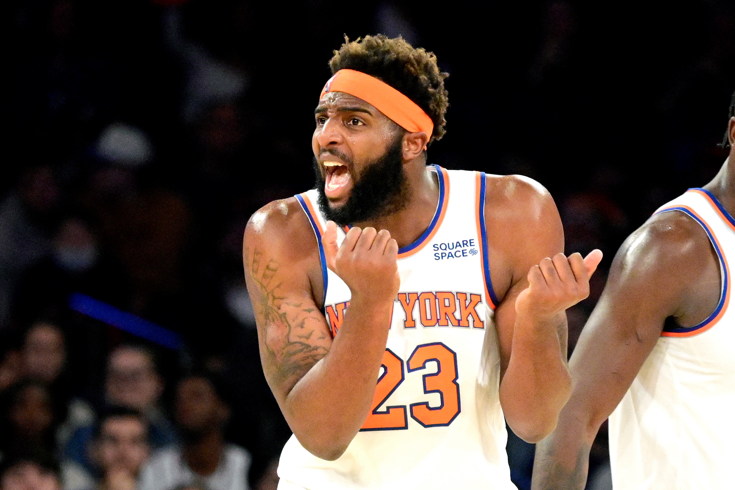 NEW YORK, NEW YORK - OCTOBER 24:  Mitchell Robinson #23 of the New York Knicks reacts in the first half against the Orlando Magic at Madison Square Garden on October 24, 2021 in New York City. NOTE TO USER: User expressly acknowledges and agrees that, by downloading and or using this photograph, user is consenting to the terms and conditions of the Getty Images License Agreement. (Photo by Steven Ryan/Getty Images)
