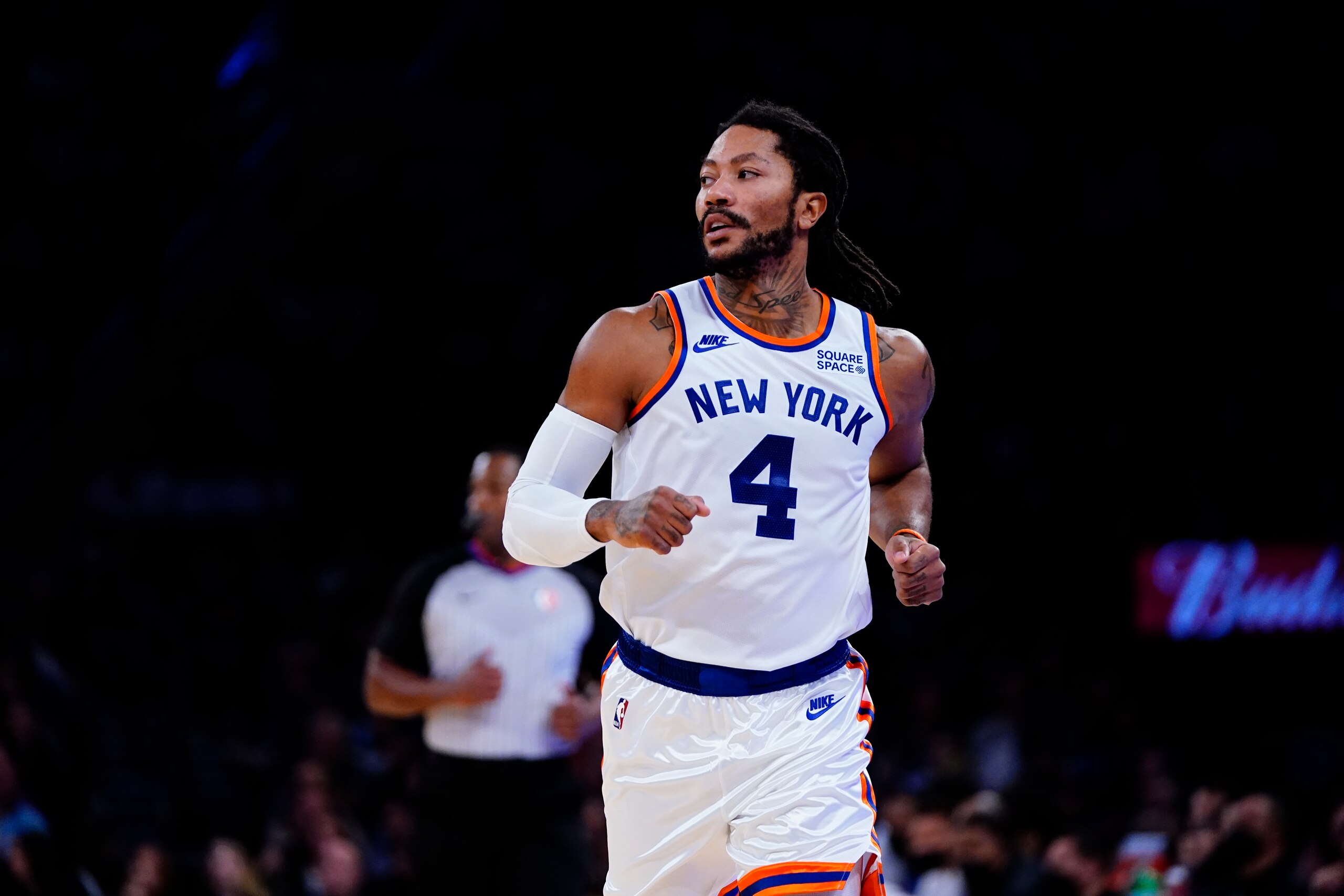 New York Knicks' Derrick Rose (4) during the second half of an NBA basketball game against the Philadelphia 76ers Tuesday, Oct. 26, 2021, in New York. The Knicks won 112-99. (AP Photo/Frank Franklin II) New York Knicks' Derrick Rose (4) during the second half of an NBA basketball game against the Philadelphia 76ers Tuesday, Oct. 26, 2021, in New York. The Knicks won 112-99. (AP Photo/Frank Franklin II)