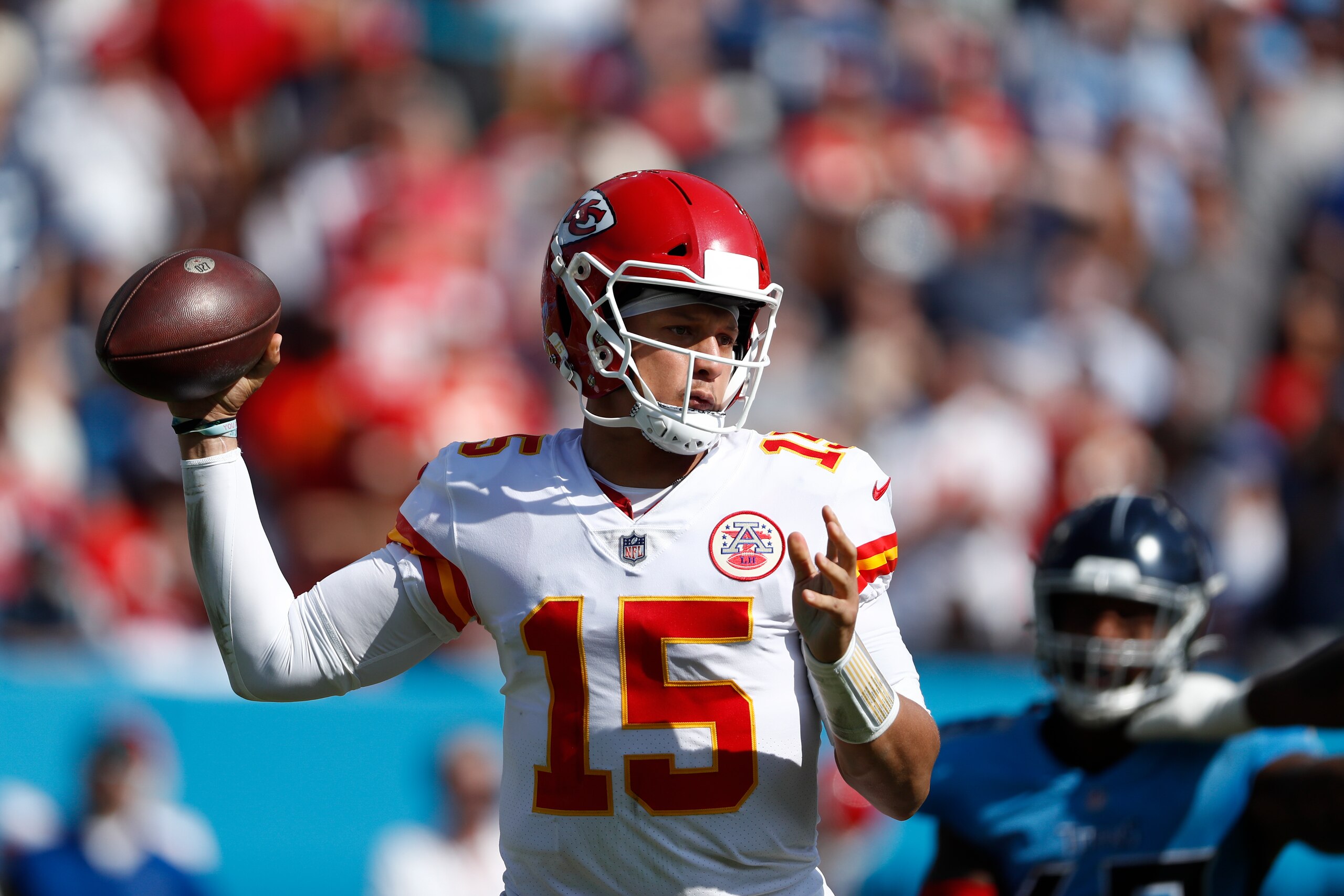 Kansas City Chiefs quarterback Patrick Mahomes passes against the Tennessee Titans in the first half of an NFL football game Sunday, Oct. 24, 2021, in Nashville, Tenn. (AP Photo/Wade Payne)