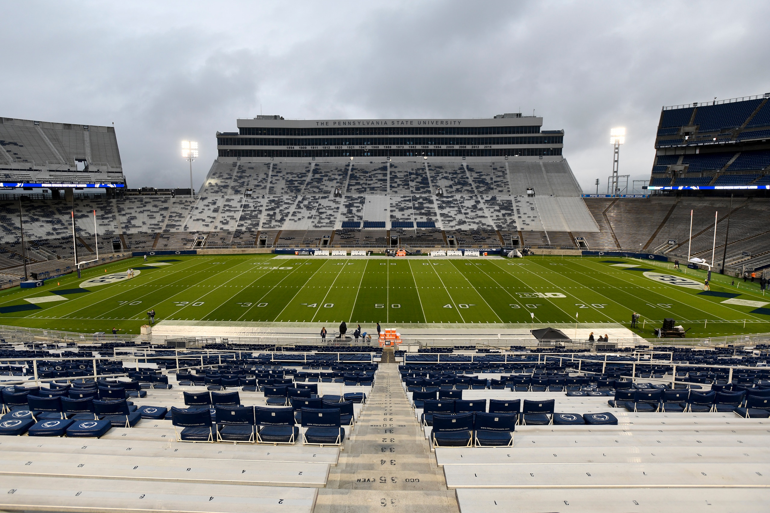 A view from the 50-yard line at Beaver Stadium before an NCAA college football game between Penn State and Illinois in State College, Pa. on Saturday, Oct. 23, 2021. (AP Photo/Barry Reeger)