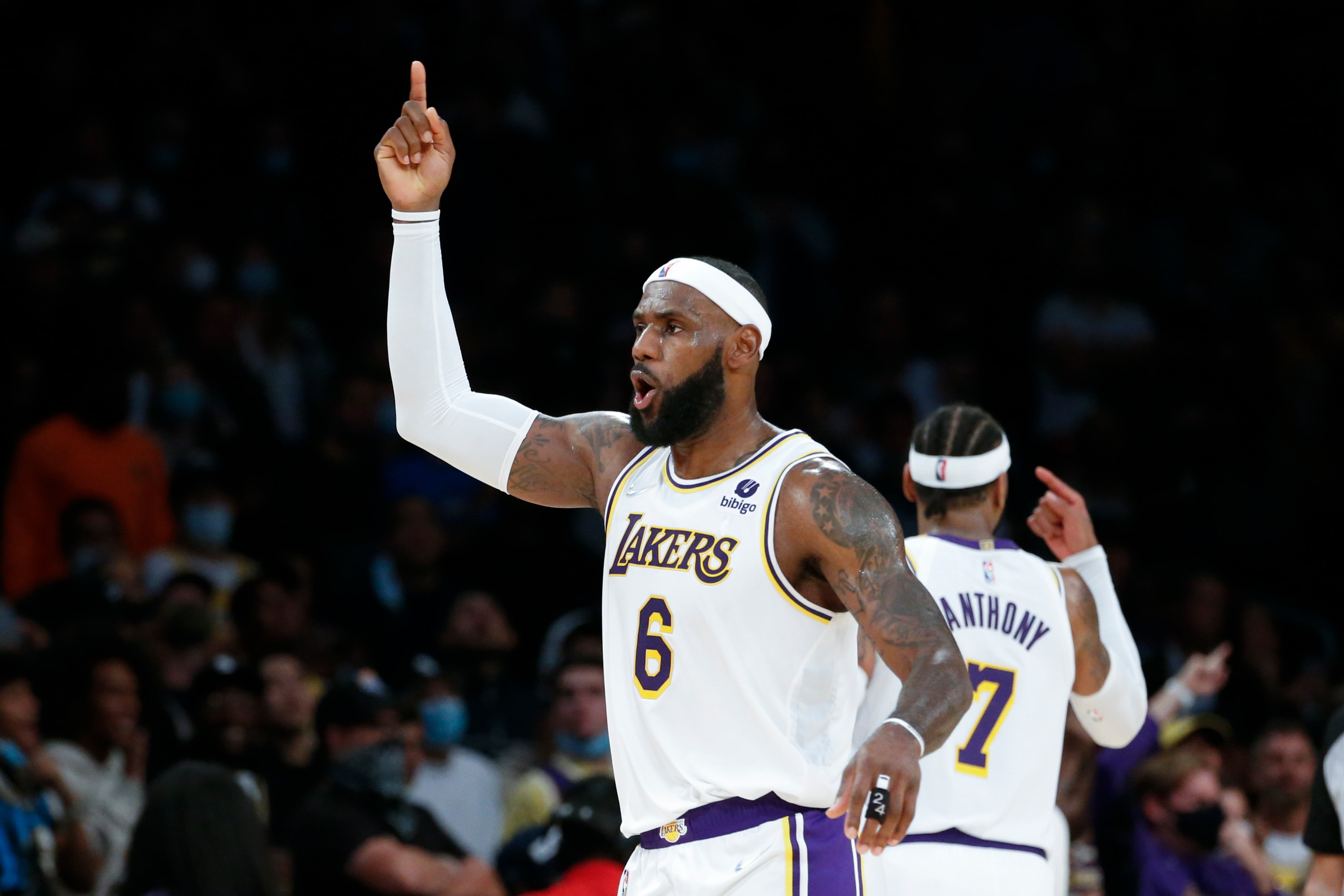 Los Angeles Lakers forward LeBron James (6) reacts to a call during the second half of an NBA basketball game against the Memphis Grizzlies in Los Angeles, Sunday, Oct. 24, 2021. The Lakers won 121-118. (AP Photo/Ringo H.W. Chiu)