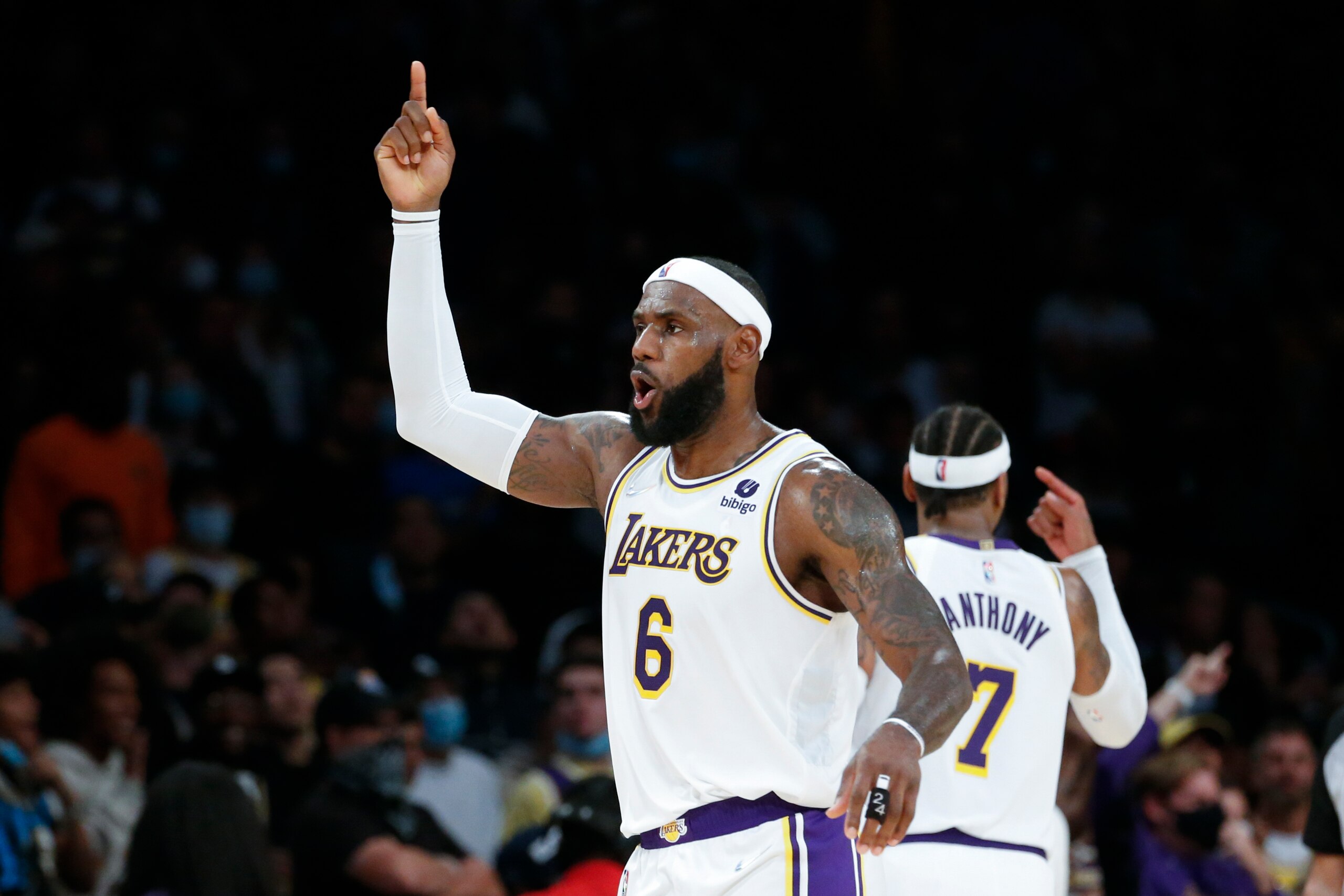 Los Angeles Lakers forward LeBron James (6) reacts to a call during the second half of an NBA basketball game against the Memphis Grizzlies in Los Angeles, Sunday, Oct. 24, 2021. The Lakers won 121-118. (AP Photo/Ringo H.W. Chiu)