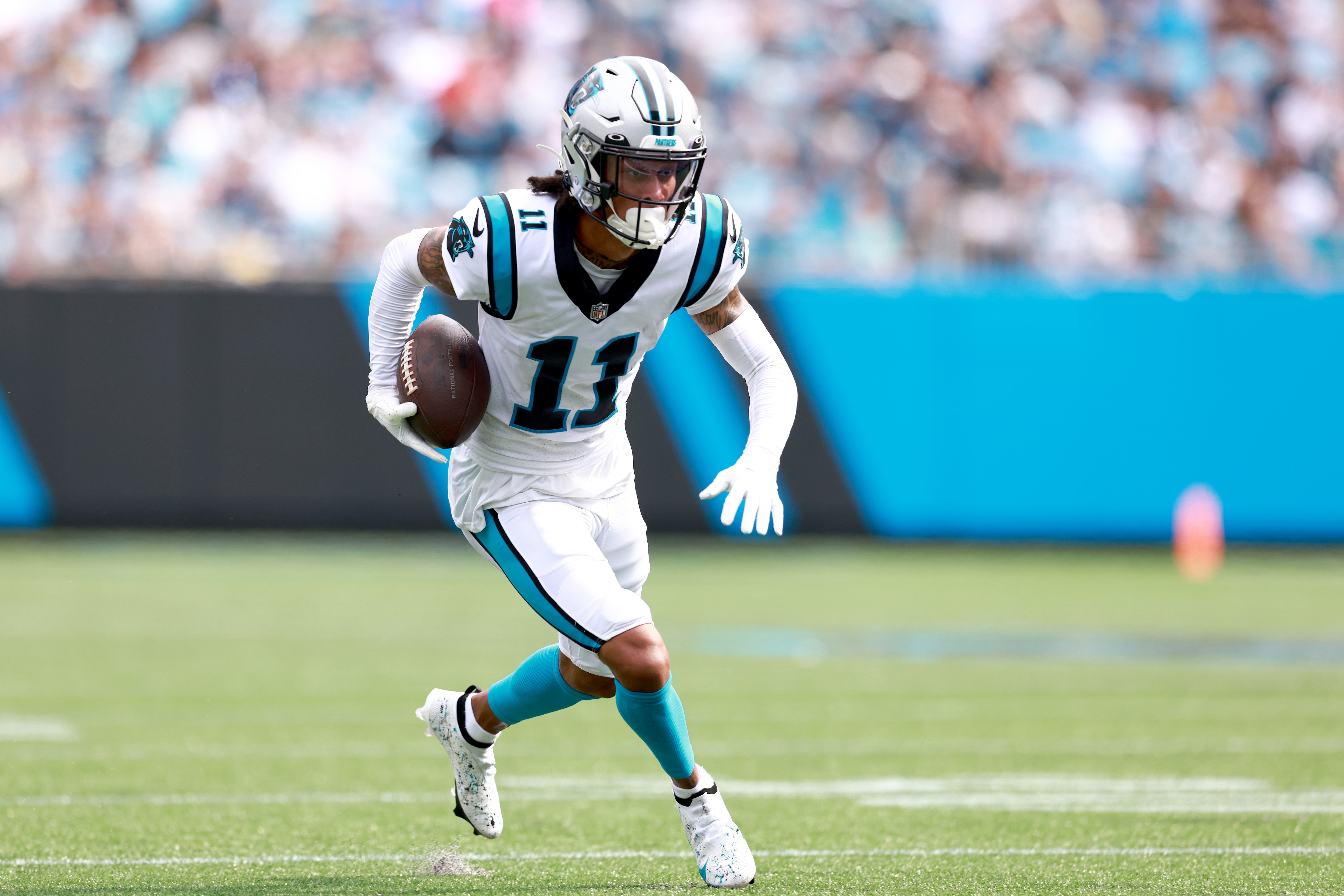 CHARLOTTE, NORTH CAROLINA - SEPTEMBER 19: Robby Anderson #11 of the Carolina Panthers makes a catch against the New Orleans Saints at Bank of America Stadium on September 19, 2021 in Charlotte, North Carolina. (Photo by Grant Halverson/Getty Images)