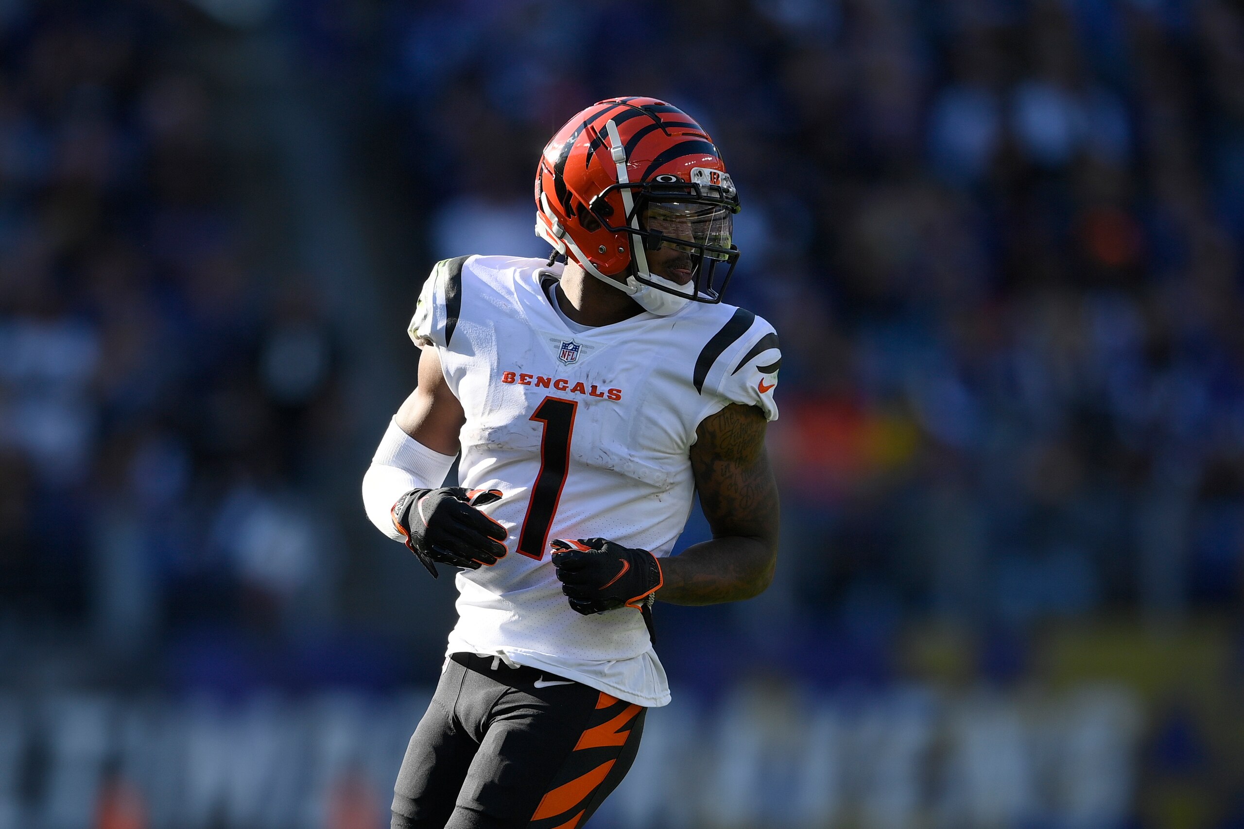 Cincinnati Bengals wide receiver Ja'Marr Chase (1) lines up during the second half of an NFL football game against the Baltimore Ravens, Sunday, Oct. 24, 2021, in Baltimore. (AP Photo/Nick Wass)