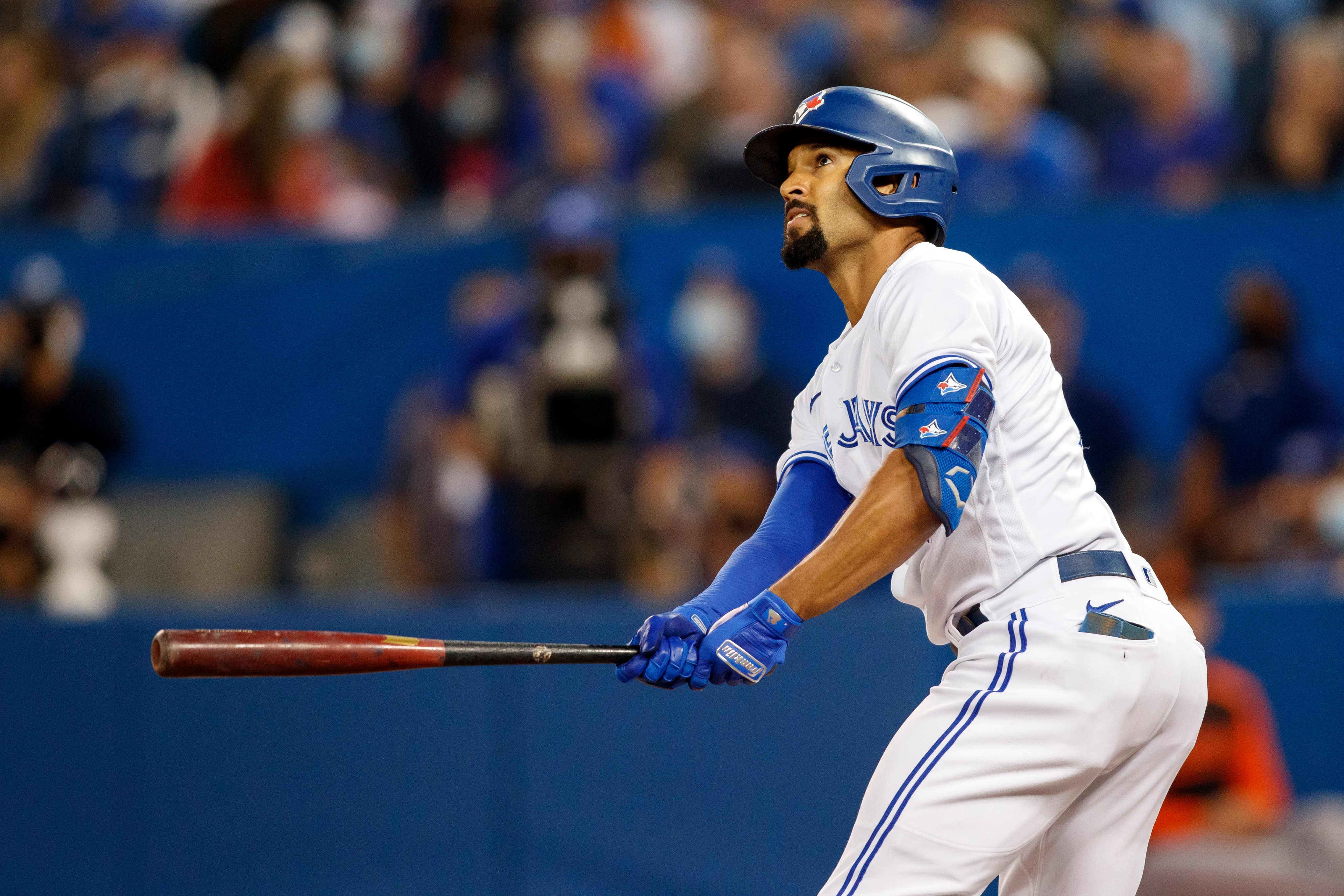 TORONTO, ON - OCTOBER 01: Marcus Semien #10 of the Toronto Blue Jays swings in the first inning of their MLB game against the Baltimore Orioles at Rogers Centre on October 1, 2021 in Toronto, Ontario. (Photo by Cole Burston/Getty Images)