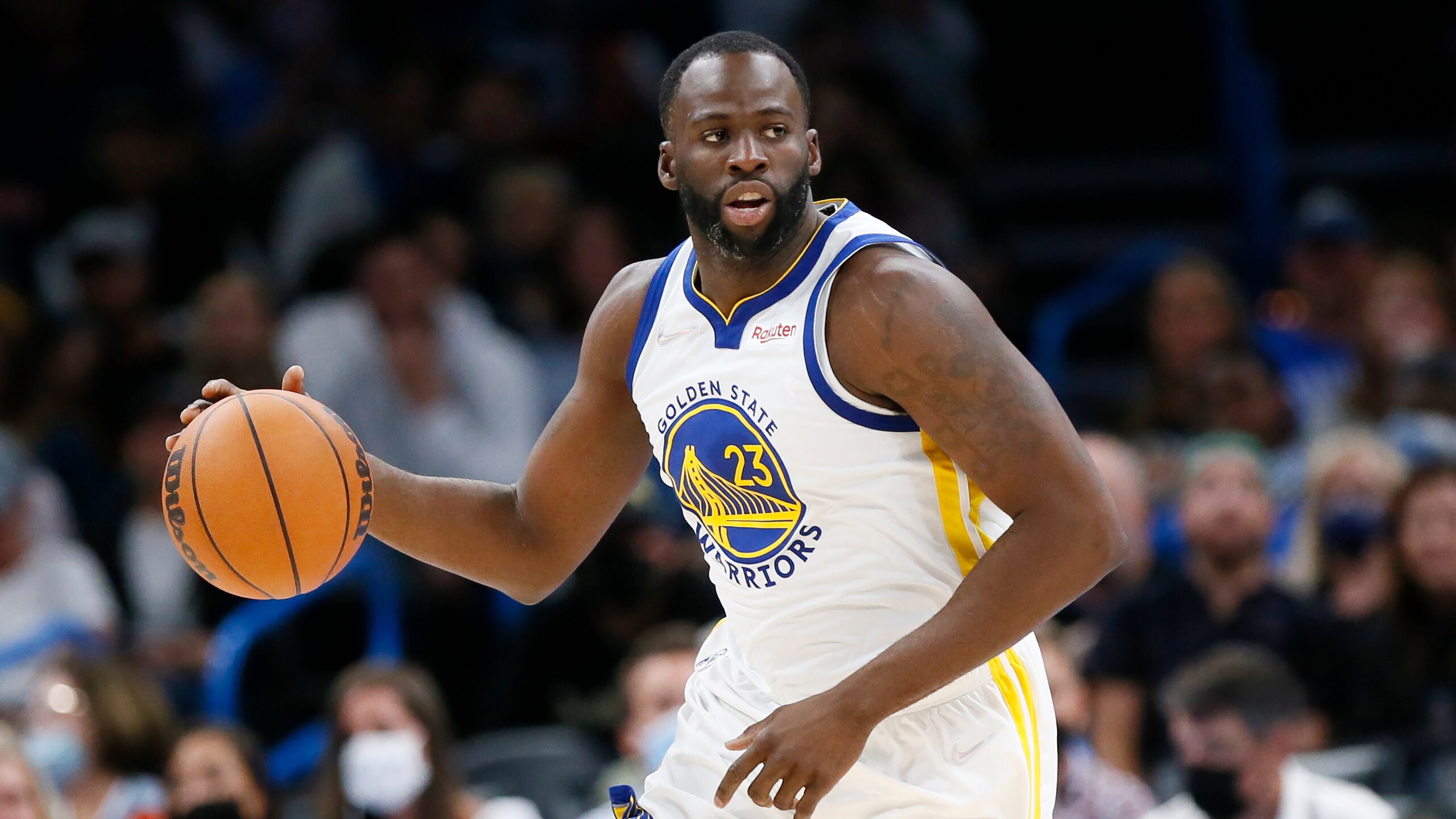Golden State Warriors forward Draymond Green (23) in the first half of an NBA basketball game Tuesday, Oct. 26, 2021, in Oklahoma City. (AP Photo/Nate Billings)