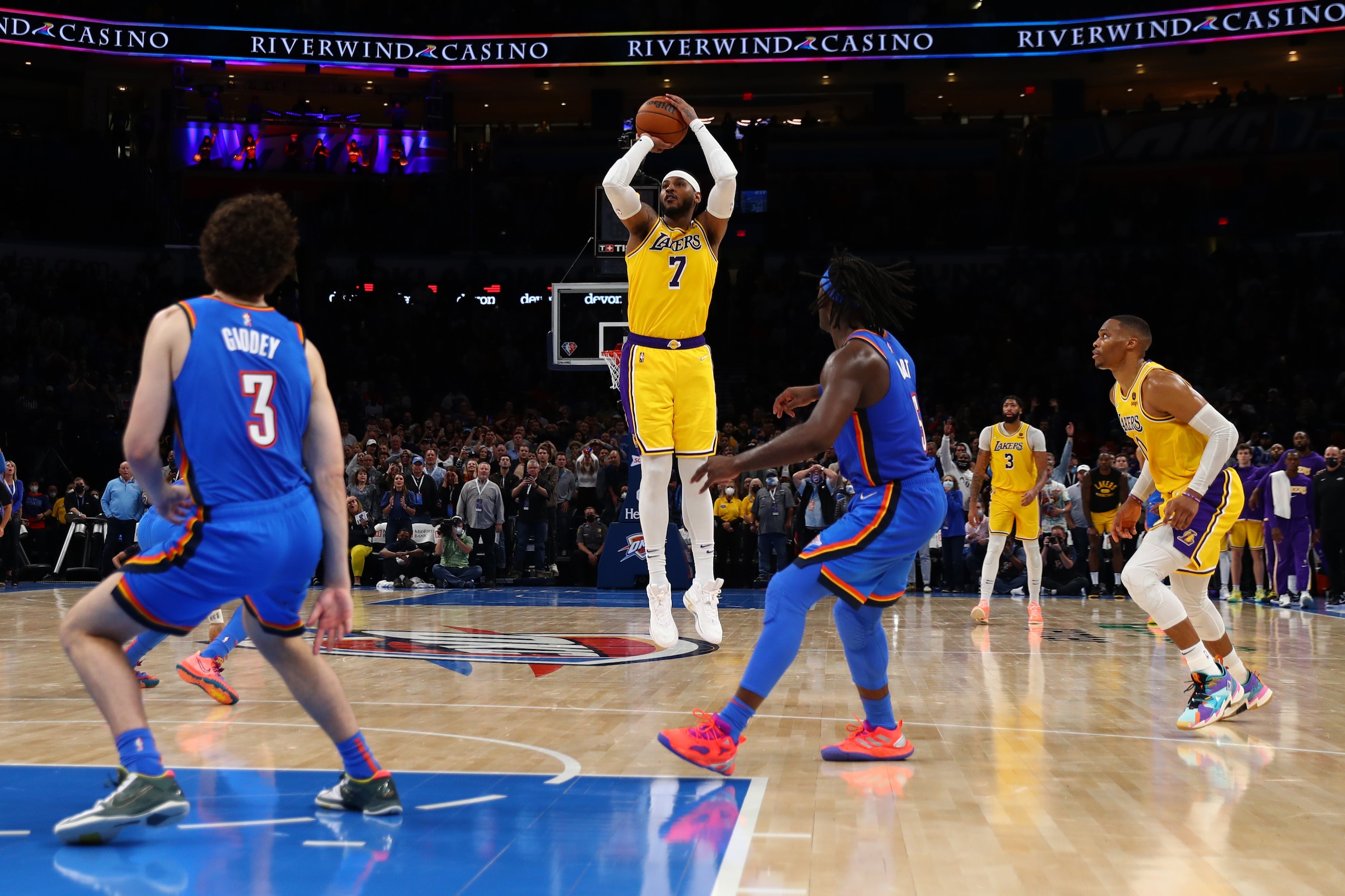 OKLAHOMA CITY, OK - OCTOBER 27: Carmelo Anthony #7 of the Los Angeles Lakers shoots the ball during the game against the Oklahoma City Thunder on October 27, 2021 at Paycom Centerin Oklahoma City, Oklahoma. NOTE TO USER: User expressly acknowledges and agrees that, by downloading and or using this photograph, User is consenting to the terms and conditions of the Getty Images License Agreement. Mandatory Copyright Notice: Copyright 2021 NBAE (Photo by Zach Beeker/NBAE via Getty Images)