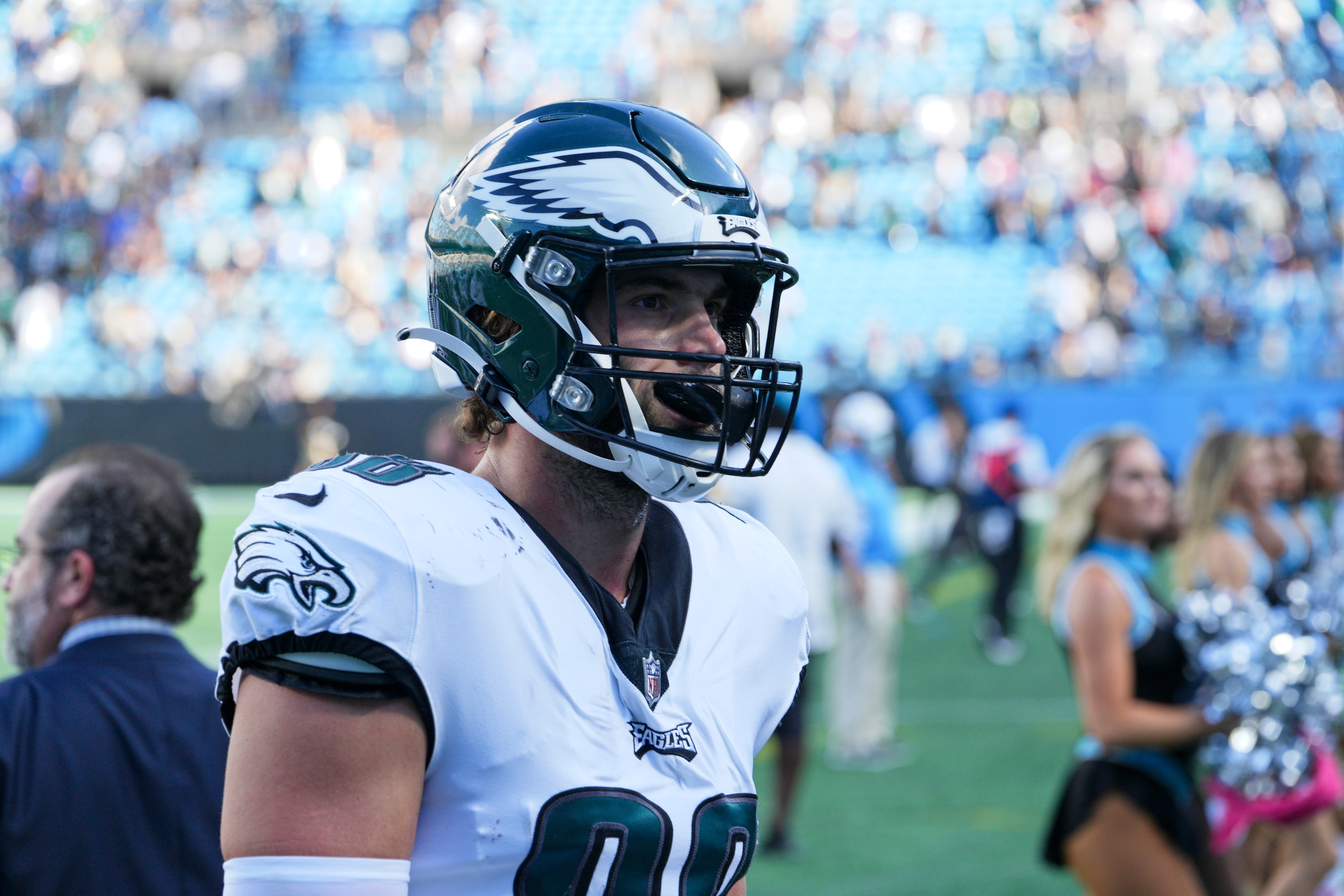 CHARLOTTE, NC - OCTOBER 10: Philadelphia Eagles tight end Dallas Goedert (88) looks on during the game between the Carolina Panthers and the Philadelphia Eagles on October 10, 2021 at Bank of America Stadium in Charlotte, NC. (Photo by Andy Lewis/Icon Sportswire via Getty Images) CHARLOTTE, NC - OCTOBER 10: Philadelphia Eagles tight end Dallas Goedert (88) looks on during the game between the Carolina Panthers and the Philadelphia Eagles on October 10, 2021 at Bank of America Stadium in Charlotte, NC. (Photo by Andy Lewis/Icon Sportswire via Getty Images)