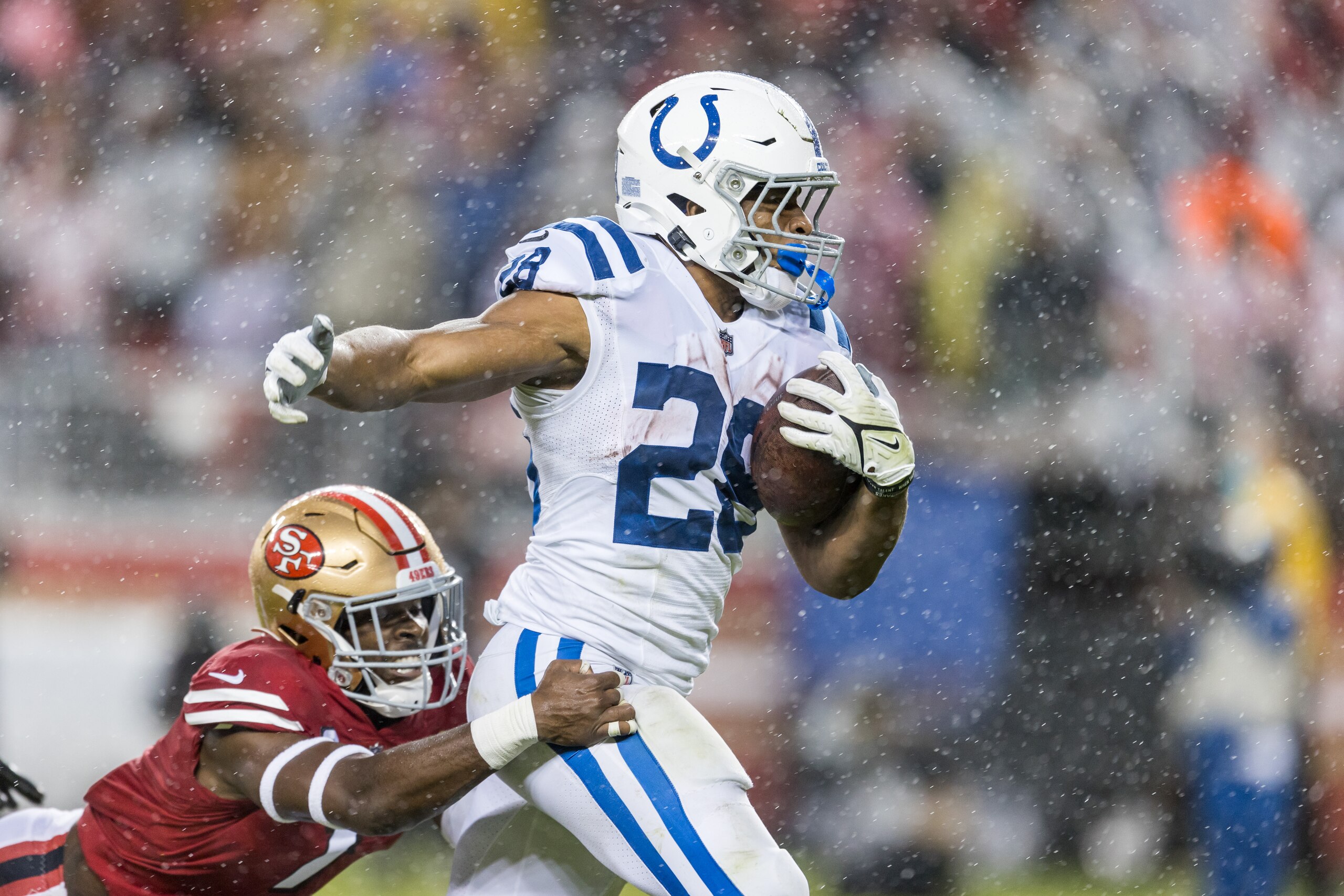 SANTA CLARA, CA - OCTOBER 24: Indianapolis Colts Running Back Jonathan Taylor (28) is chased down headed for the end zone during the NFL football game between the Indianapolis Colts and San Francisco 49ers on October 24, 2021 at Levis Stadium in Santa Clara, CA. (Photo by Bob Kupbens/Icon Sportswire via Getty Images)