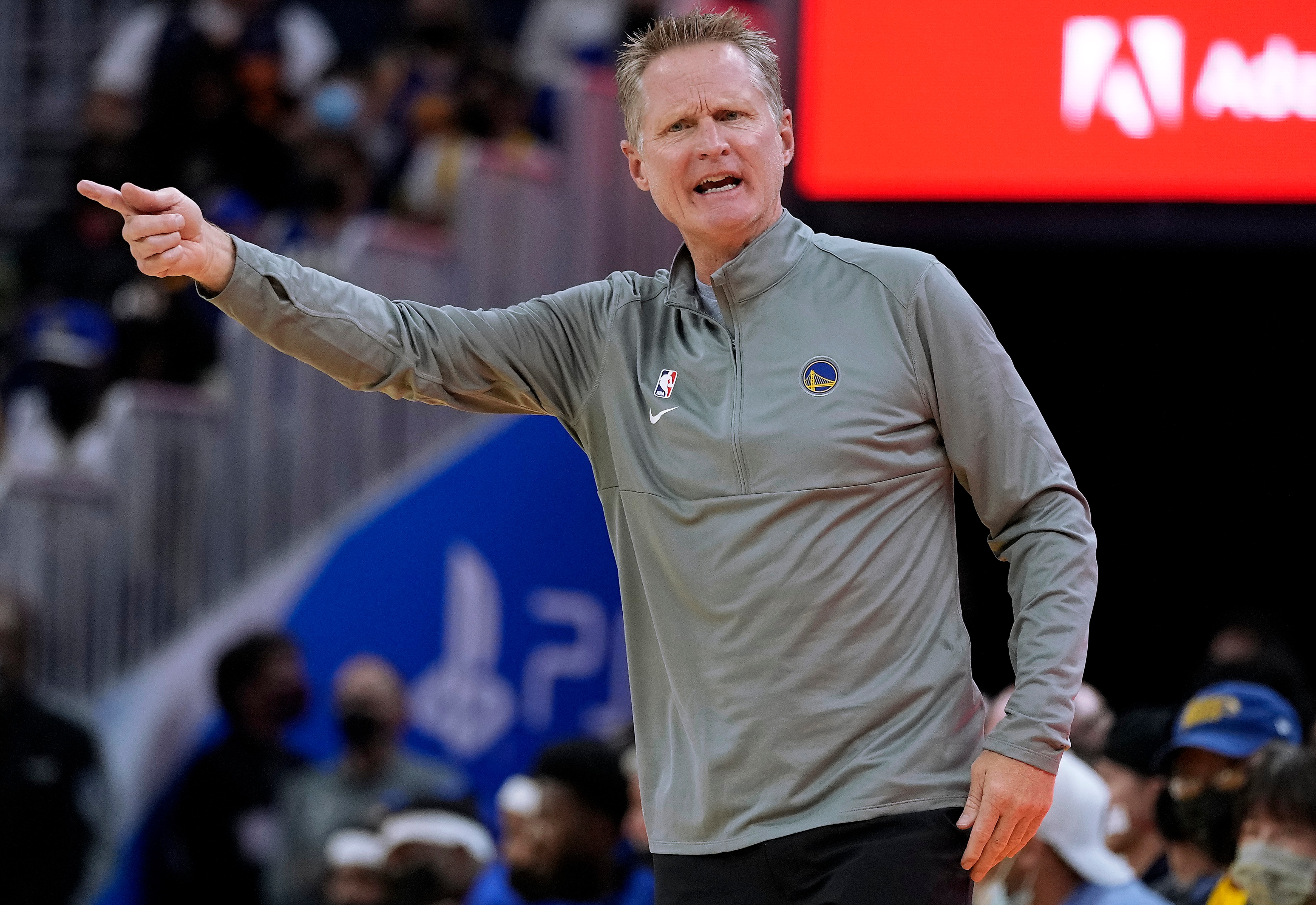 SAN FRANCISCO, CALIFORNIA - OCTOBER 15: Steve Kerr head coach of the Golden State Warriors reacts to the officials call against the Portland Trail Blazers during the first half of their game at Chase Center on October 15, 2021 in San Francisco, California. NOTE TO USER: User expressly acknowledges and agrees that, by downloading and/or using this photograph, User is consenting to the terms and conditions of the Getty Images License Agreement. (Photo by Thearon W. Henderson/Getty Images)