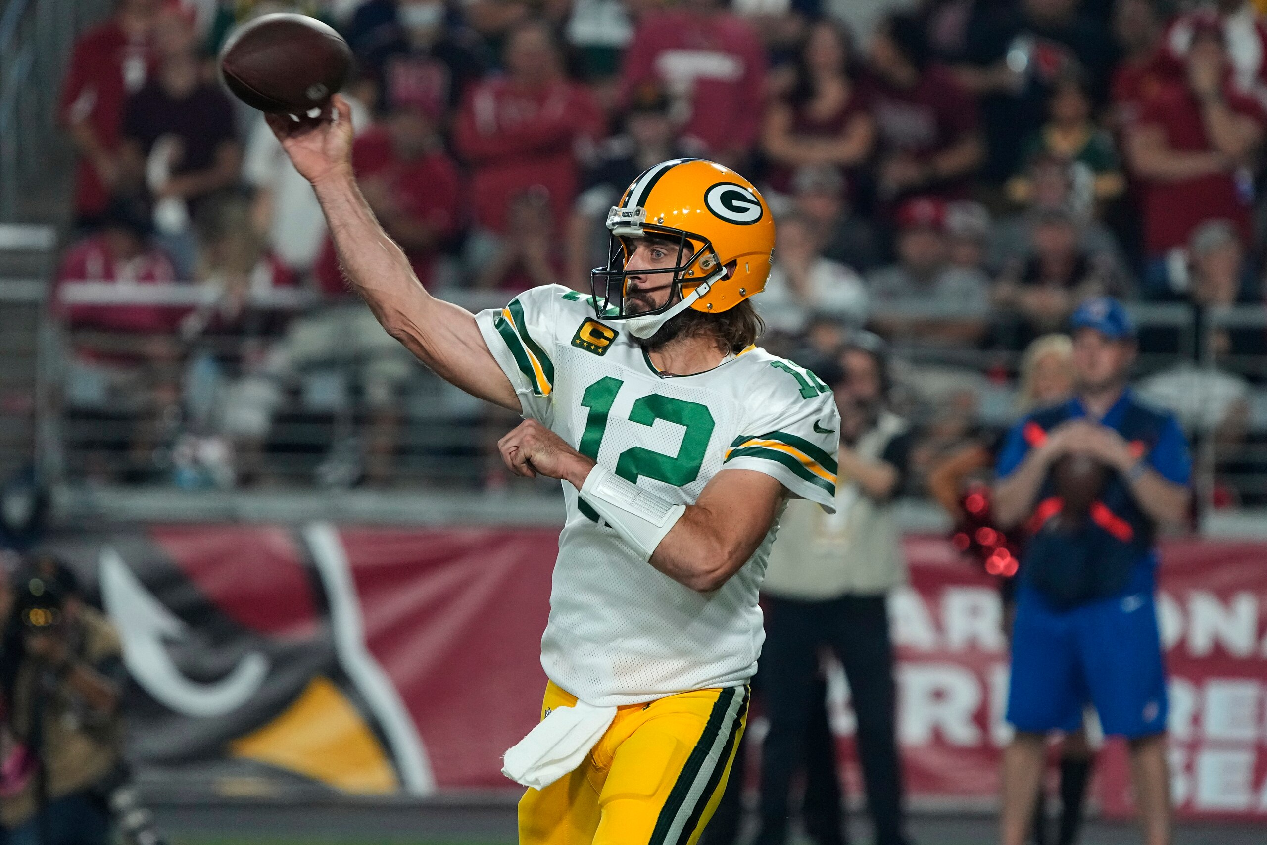 Green Bay Packers quarterback Aaron Rodgers (12) against the Arizona Cardinals during the first half of an NFL football game, Thursday, Oct. 28, 2021, in Glendale, Ariz. (AP Photo/Rick Scuteri) Green Bay Packers quarterback Aaron Rodgers (12) against the Arizona Cardinals during the first half of an NFL football game, Thursday, Oct. 28, 2021, in Glendale, Ariz. (AP Photo/Rick Scuteri)