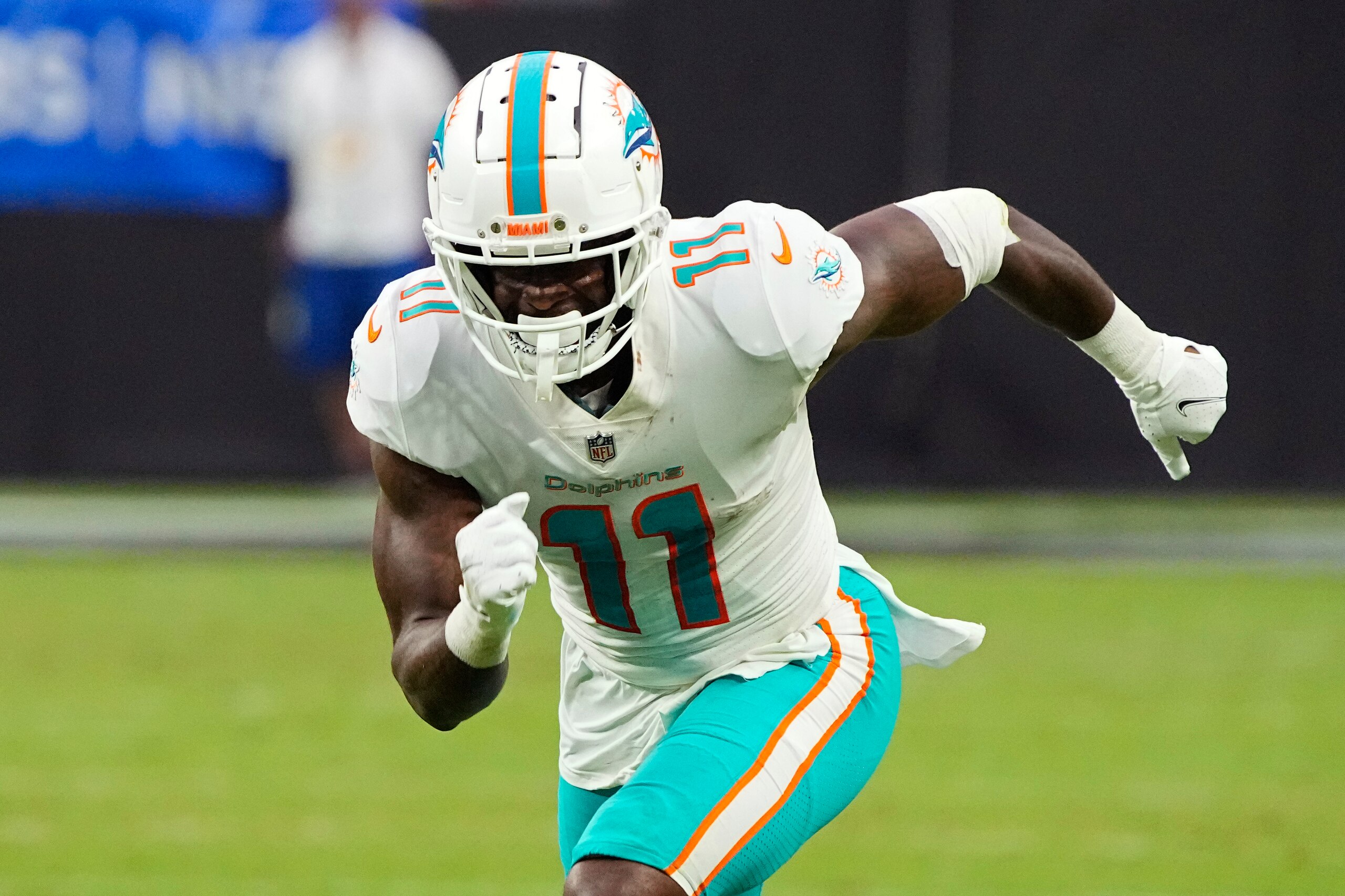 Miami Dolphins wide receiver DeVante Parker (11) during the second half of an NFL football game against the Las Vegas Raiders, Sunday, Sept. 26, 2021, in Las Vegas. (AP Photo/Rick Scuteri)