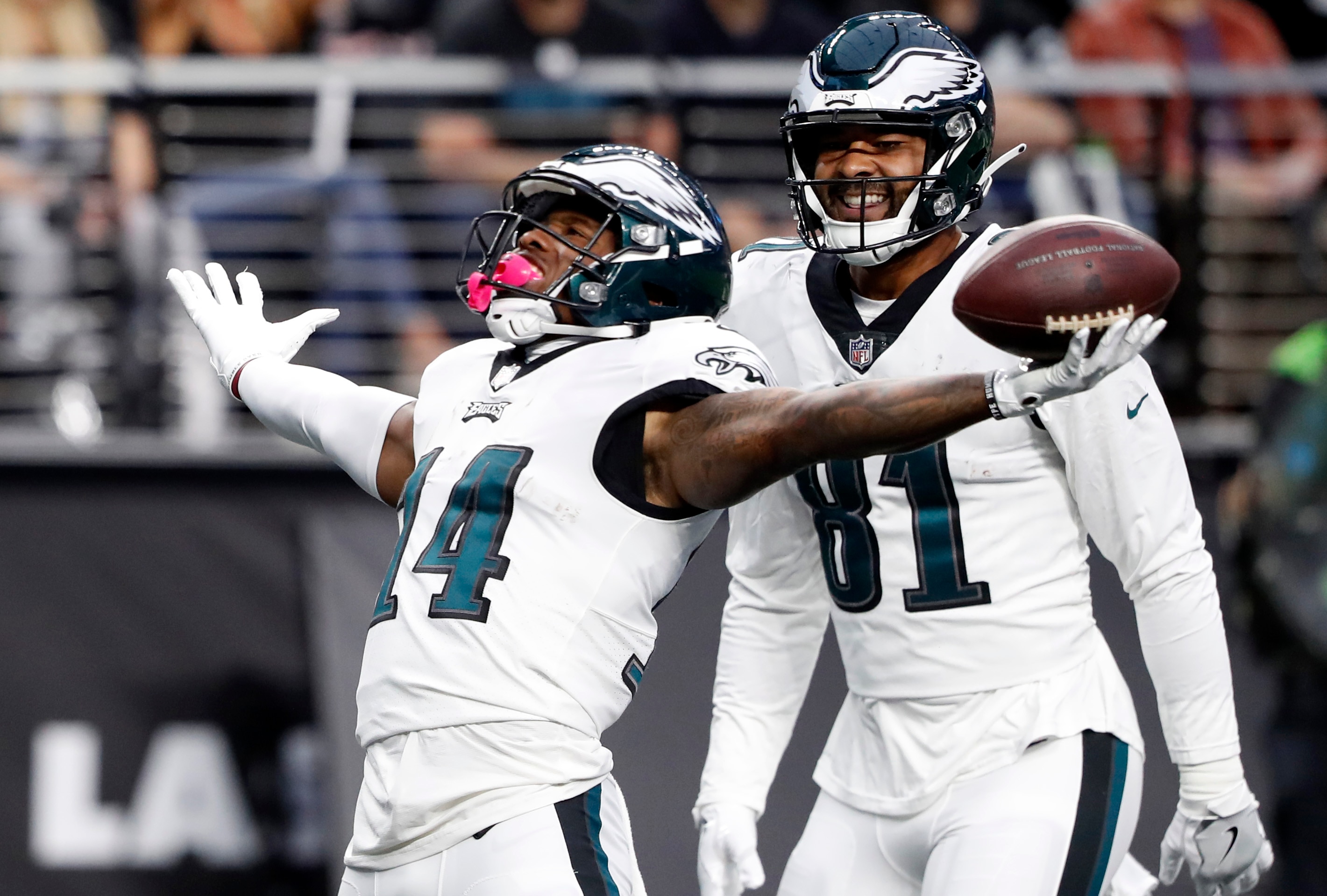 LAS VEGAS, NEVADA - OCTOBER 24: Kenneth Gainwell #14 of the Philadelphia Eagles celebrates a touchdown during the first half in the game against the Las Vegas Raiders at Allegiant Stadium on October 24, 2021 in Las Vegas, Nevada. (Photo by Steve Marcus/Getty Images)