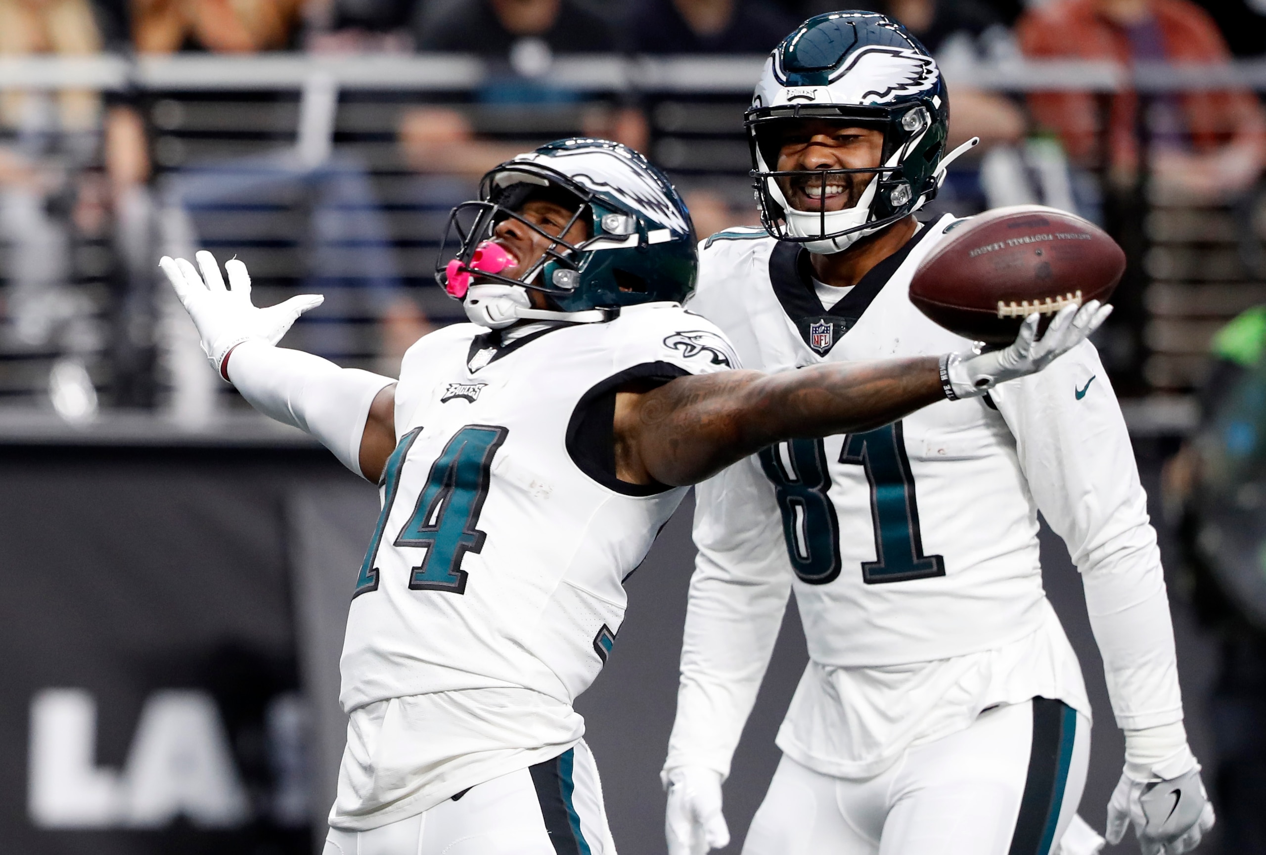 LAS VEGAS, NEVADA - OCTOBER 24: Kenneth Gainwell #14 of the Philadelphia Eagles celebrates a touchdown during the first half in the game against the Las Vegas Raiders at Allegiant Stadium on October 24, 2021 in Las Vegas, Nevada. (Photo by Steve Marcus/Getty Images)