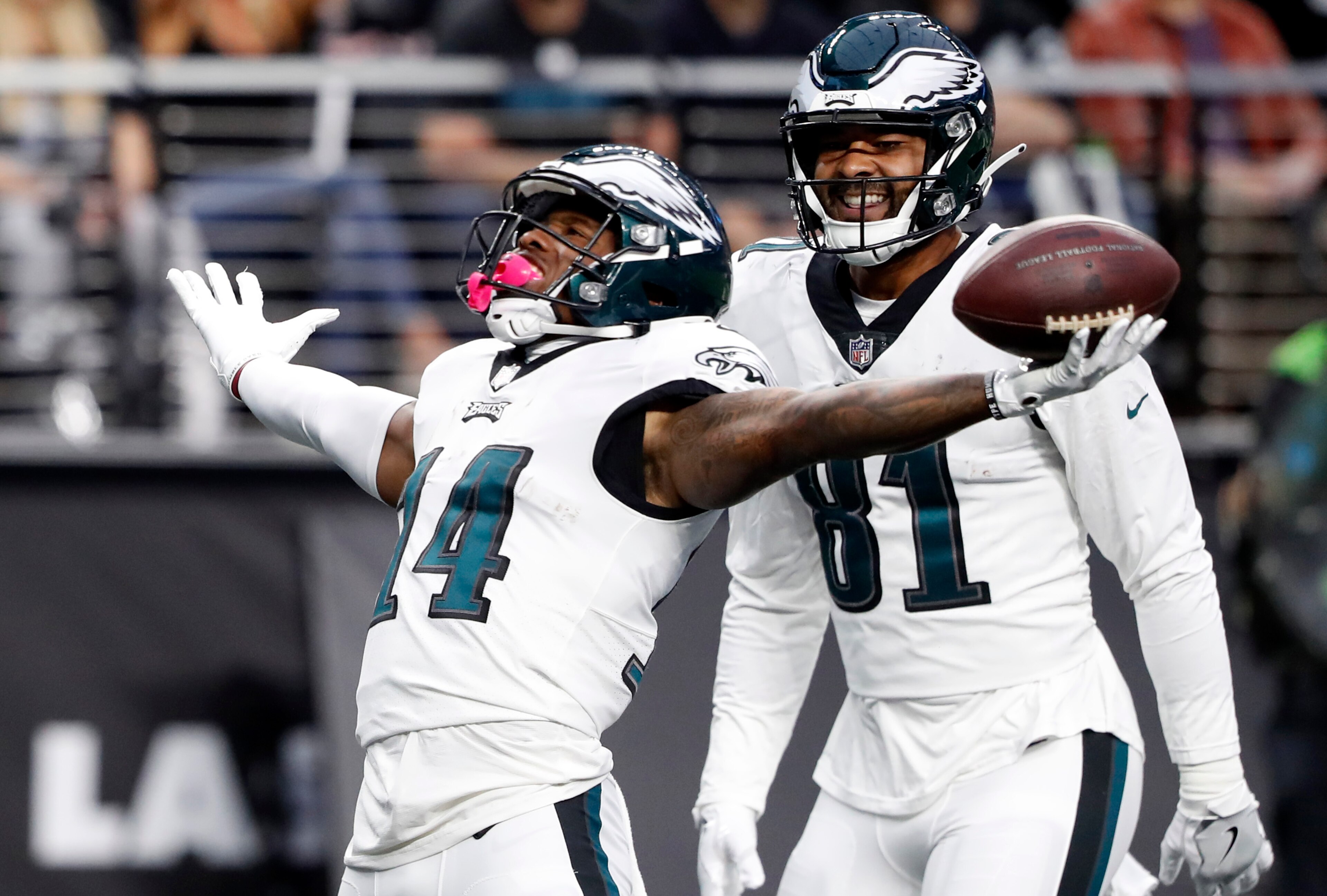 LAS VEGAS, NEVADA - OCTOBER 24: Kenneth Gainwell #14 of the Philadelphia Eagles celebrates a touchdown during the first half in the game against the Las Vegas Raiders at Allegiant Stadium on October 24, 2021 in Las Vegas, Nevada. (Photo by Steve Marcus/Getty Images)