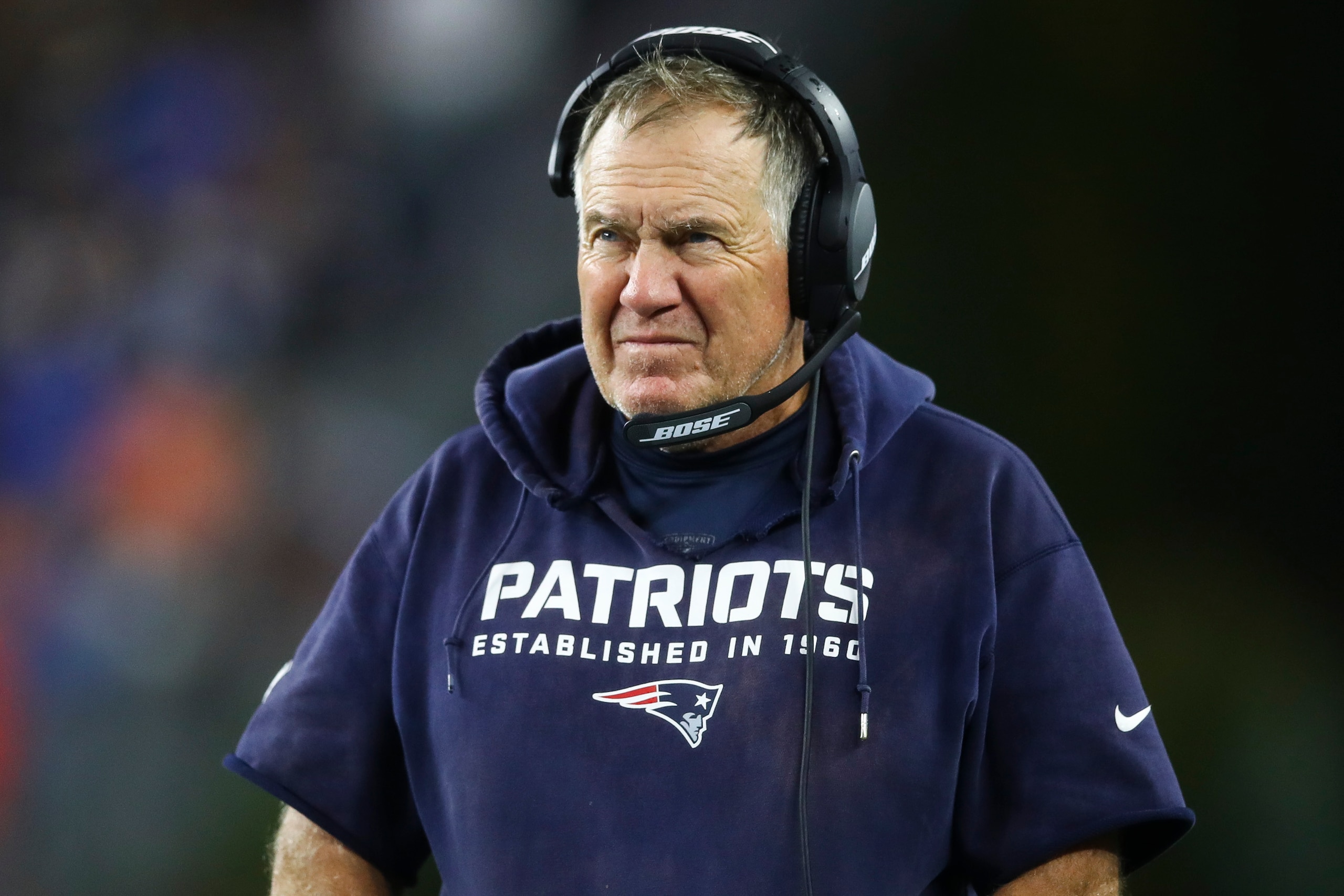 FOXBOROUGH, MASSACHUSETTS - OCTOBER 03: Head coach Bill Belichick of the New England Patriots looks on against the Tampa Bay Buccaneers during the second half at Gillette Stadium on October 03, 2021 in Foxborough, Massachusetts. (Photo by Adam Glanzman/Getty Images)