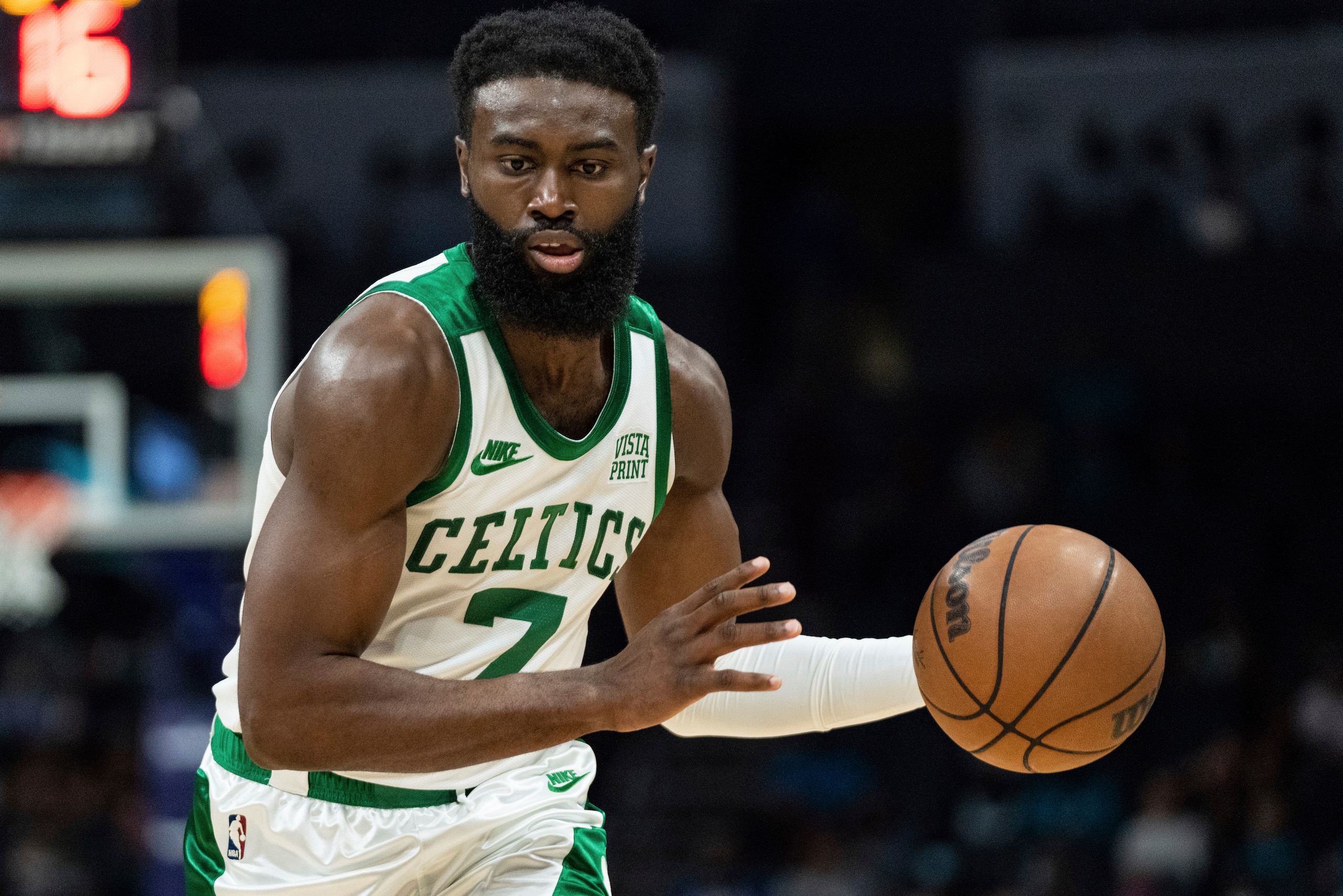 Boston Celtics guard Jaylen Brown (7) brings the ball up court against the Charlotte Hornets during an NBA basketball game in Charlotte, N.C., Monday, Oct. 25, 2021. (AP Photo/Jacob Kupferman) Boston Celtics guard Jaylen Brown (7) brings the ball up court against the Charlotte Hornets during an NBA basketball game in Charlotte, N.C., Monday, Oct. 25, 2021. (AP Photo/Jacob Kupferman)