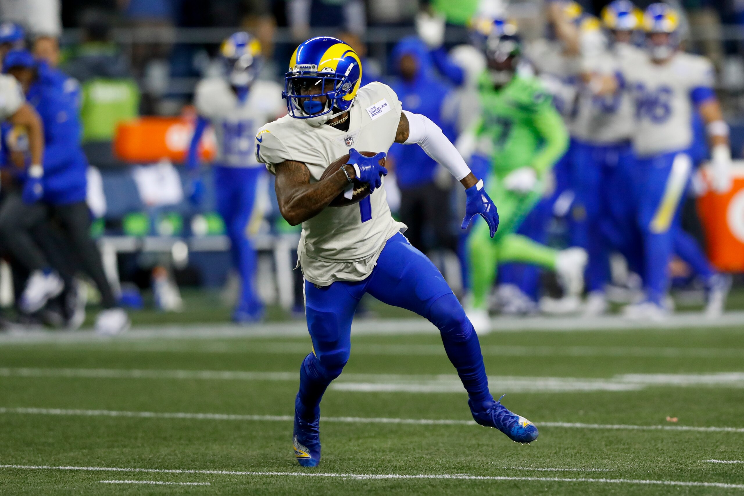 SEATTLE, WA - OCTOBER 07: Los Angeles Rams Wide Receiver DeSean Jackson (1) catches the ball for a gain during a game between the Los Angeles Rams and the Seattle Seahawks on October 7, 2021, at Lumen Field in Seattle, WA. (Photo by Jordon Kelly/Icon Sportswire via Getty Images)