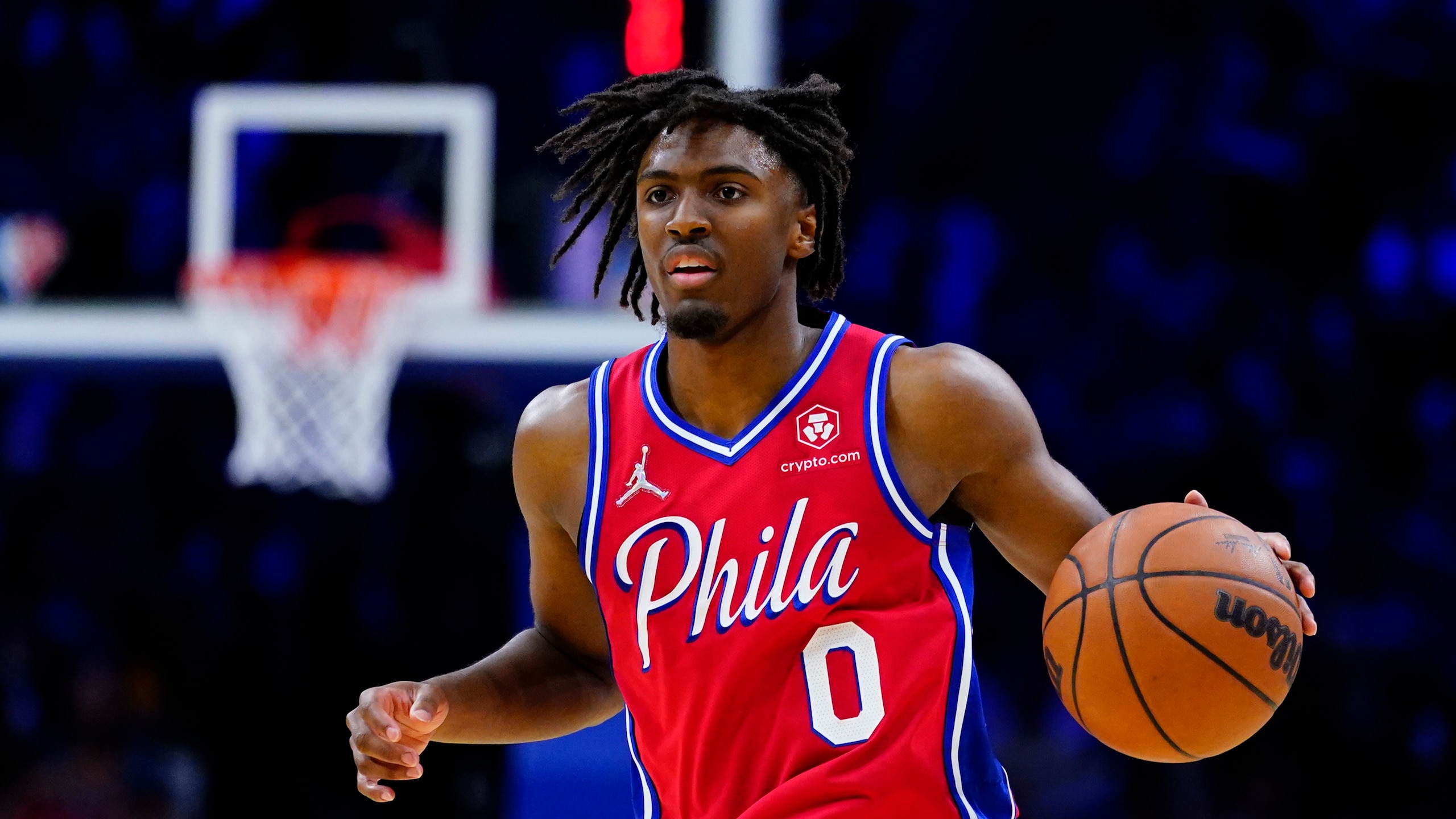 Philadelphia 76ers' Tyrese Maxey plays during an NBA basketball game, Friday, Oct. 22, 2021, in Philadelphia. (AP Photo/Matt Slocum)