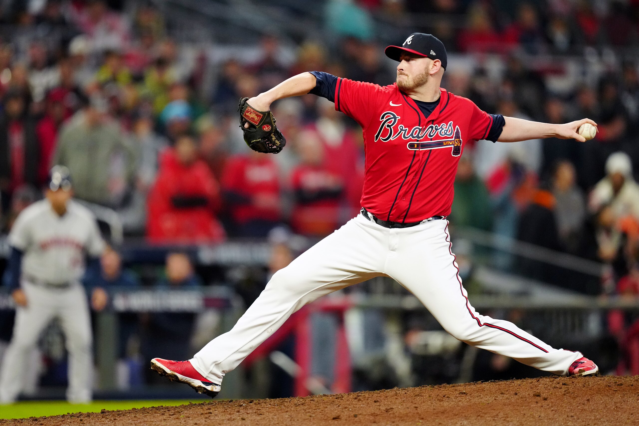ATLANTA, GA - OCTOBER 29:  Tyler Matzek #68 of the Atlanta Braves pitches during Game 3 of the 2021 World Series between the Houston Astros and the Atlanta Braves at Truist Park on Friday, October 29, 2021 in Atlanta, Georgia. (Photo by Daniel Shirey/MLB Photos via Getty Images)