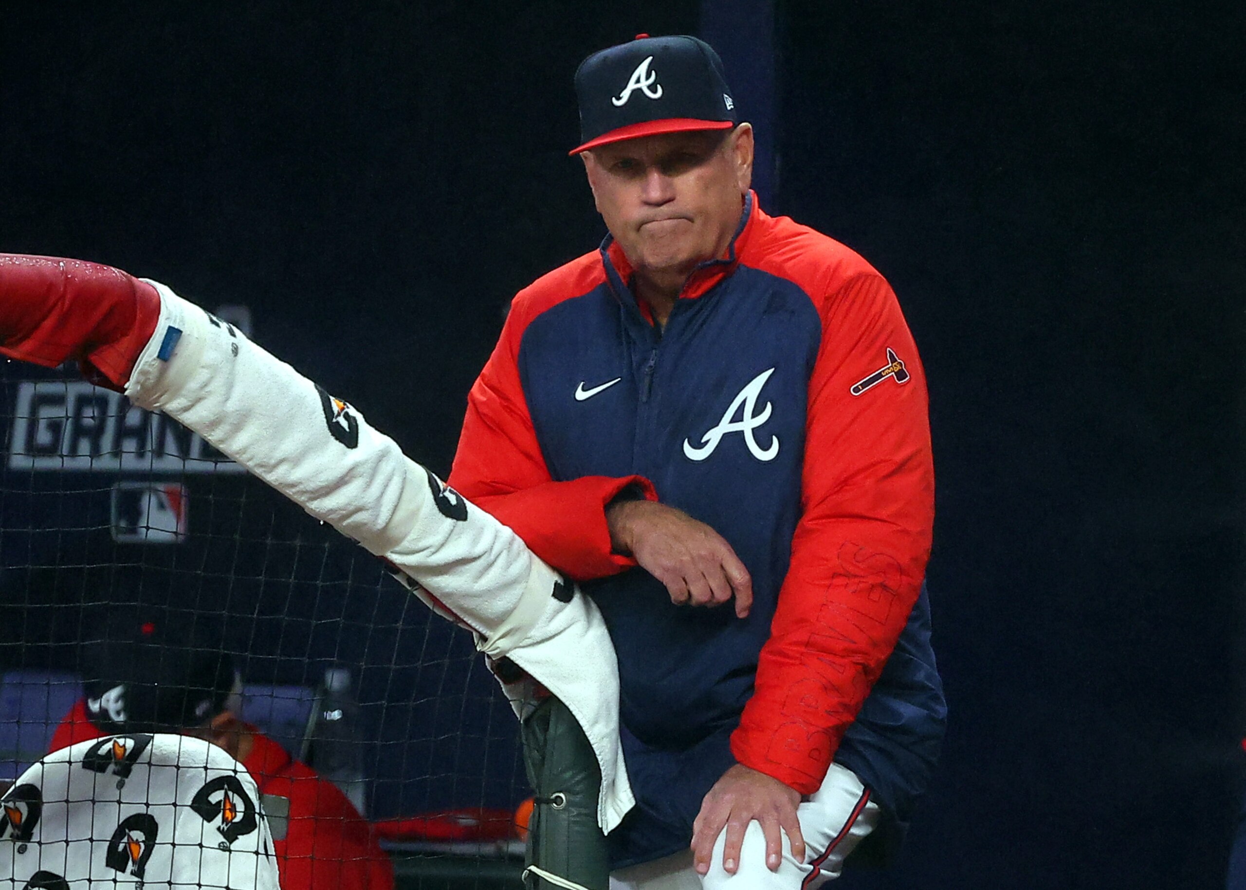 ATLANTA, GEORGIA - OCTOBER 29:  Manager Brian Snitker #43 of the Atlanta Braves looks on during the first inning against the Houston Astros in Game Three of the World Series at Truist Park on October 29, 2021 in Atlanta, Georgia. (Photo by Kevin C. Cox/Getty Images)