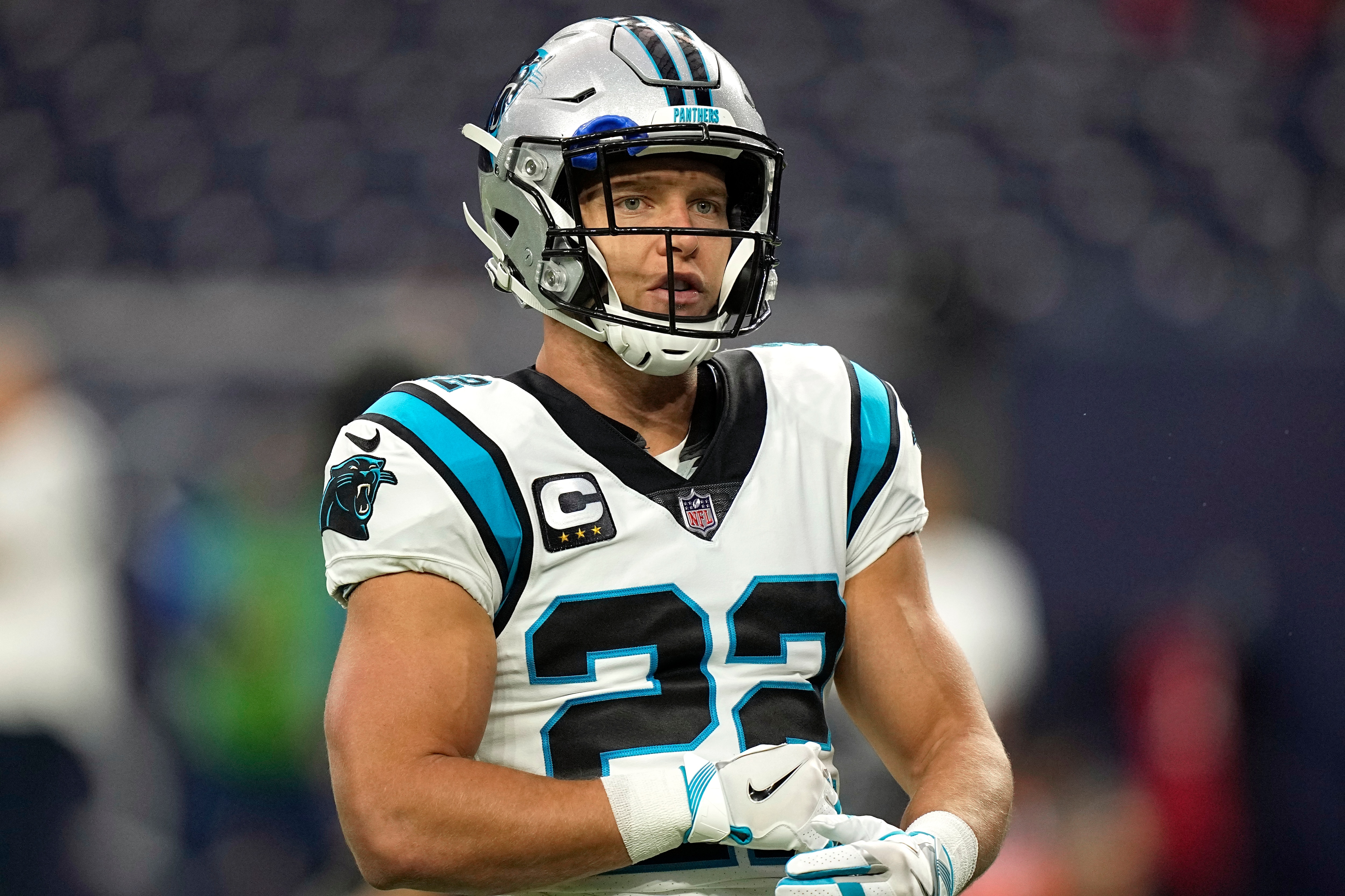 Carolina Panthers running back Christian McCaffrey warms up before an NFL football game against the Houston Texans Thursday, Sept. 23, 2021, in Houston. (AP Photo/Eric Christian Smith)