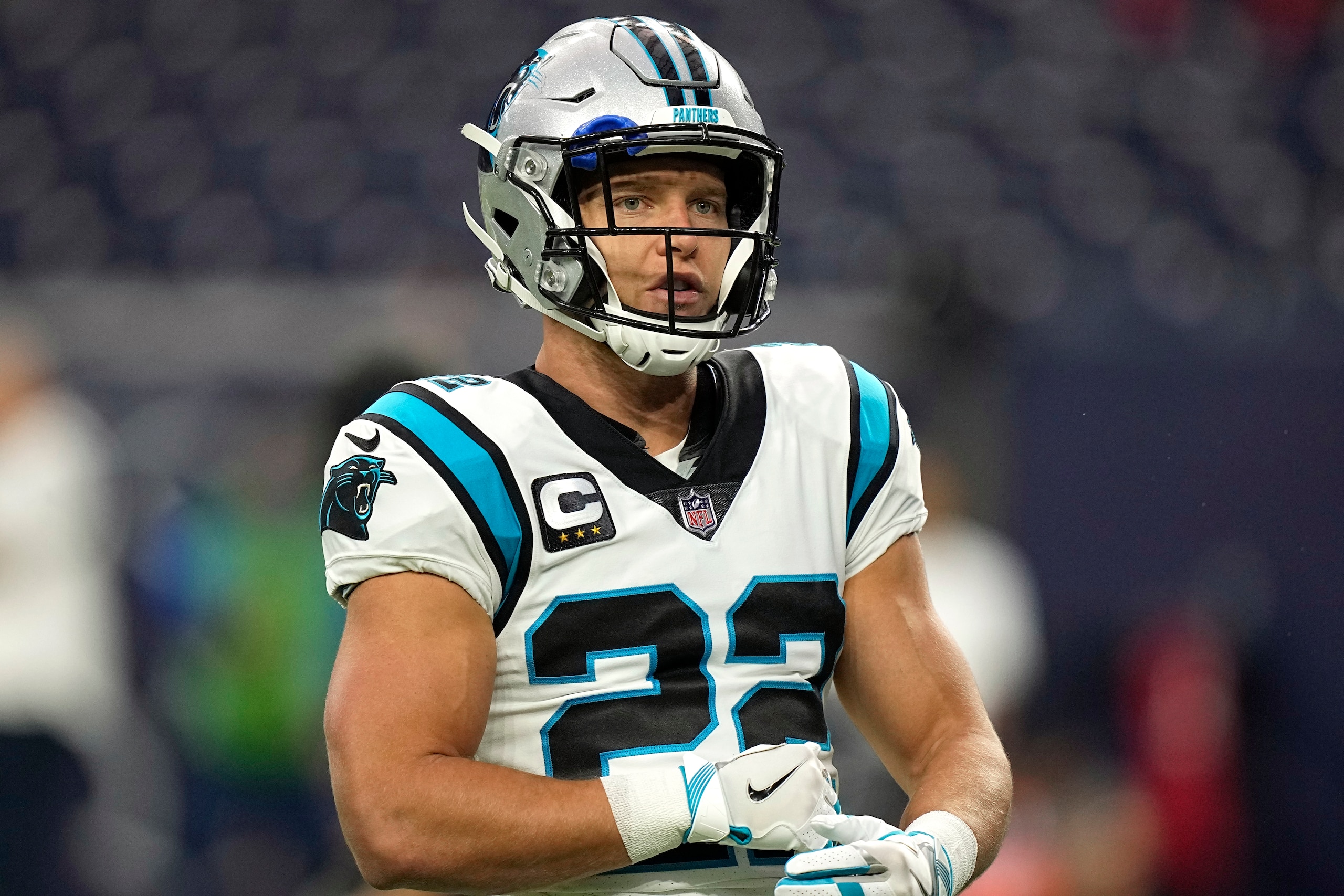 Carolina Panthers running back Christian McCaffrey warms up before an NFL football game against the Houston Texans Thursday, Sept. 23, 2021, in Houston. (AP Photo/Eric Christian Smith)