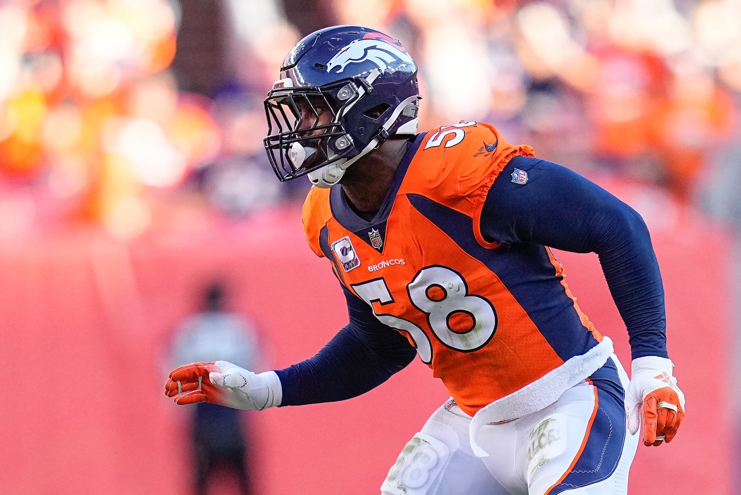 Denver Broncos outside linebacker Von Miller (58) lines up against the Baltimore Ravens during an NFL football game Sunday, Oct. 3, 2021, in Denver. (AP Photo/Jack Dempsey)