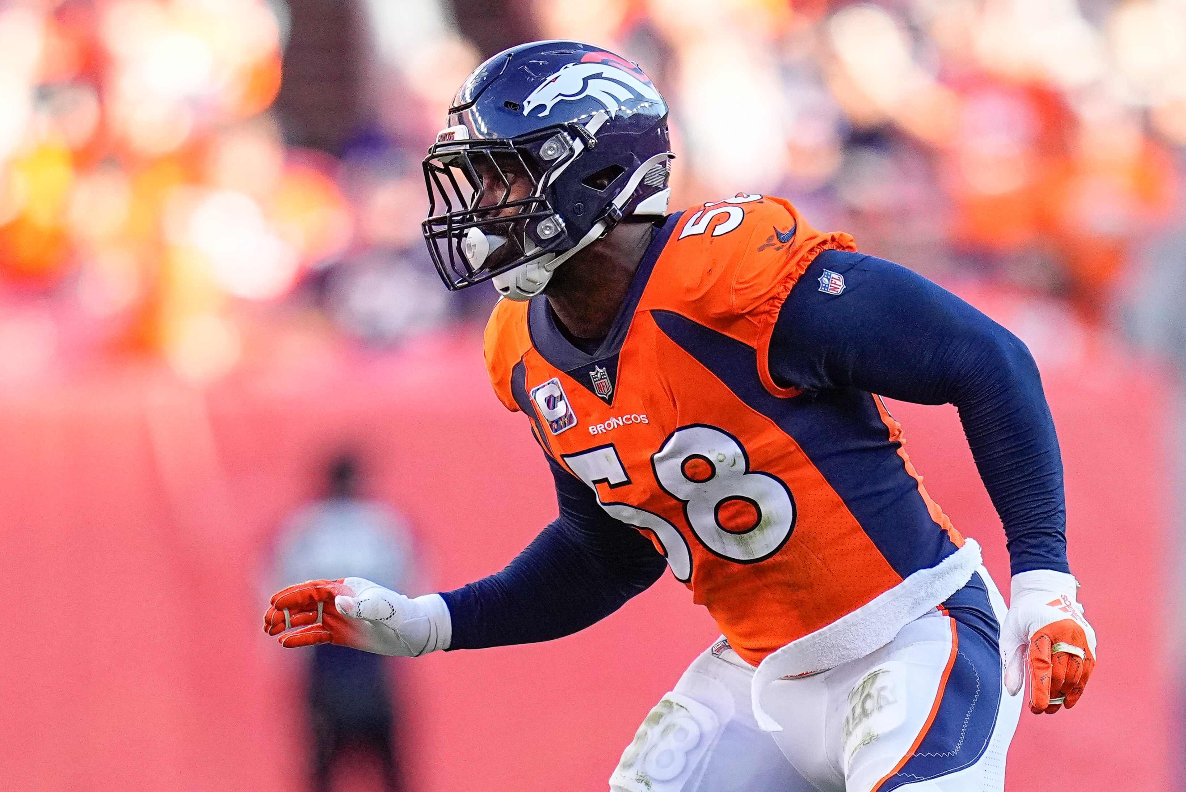 Denver Broncos outside linebacker Von Miller (58) lines up against the Baltimore Ravens during an NFL football game Sunday, Oct. 3, 2021, in Denver. (AP Photo/Jack Dempsey)