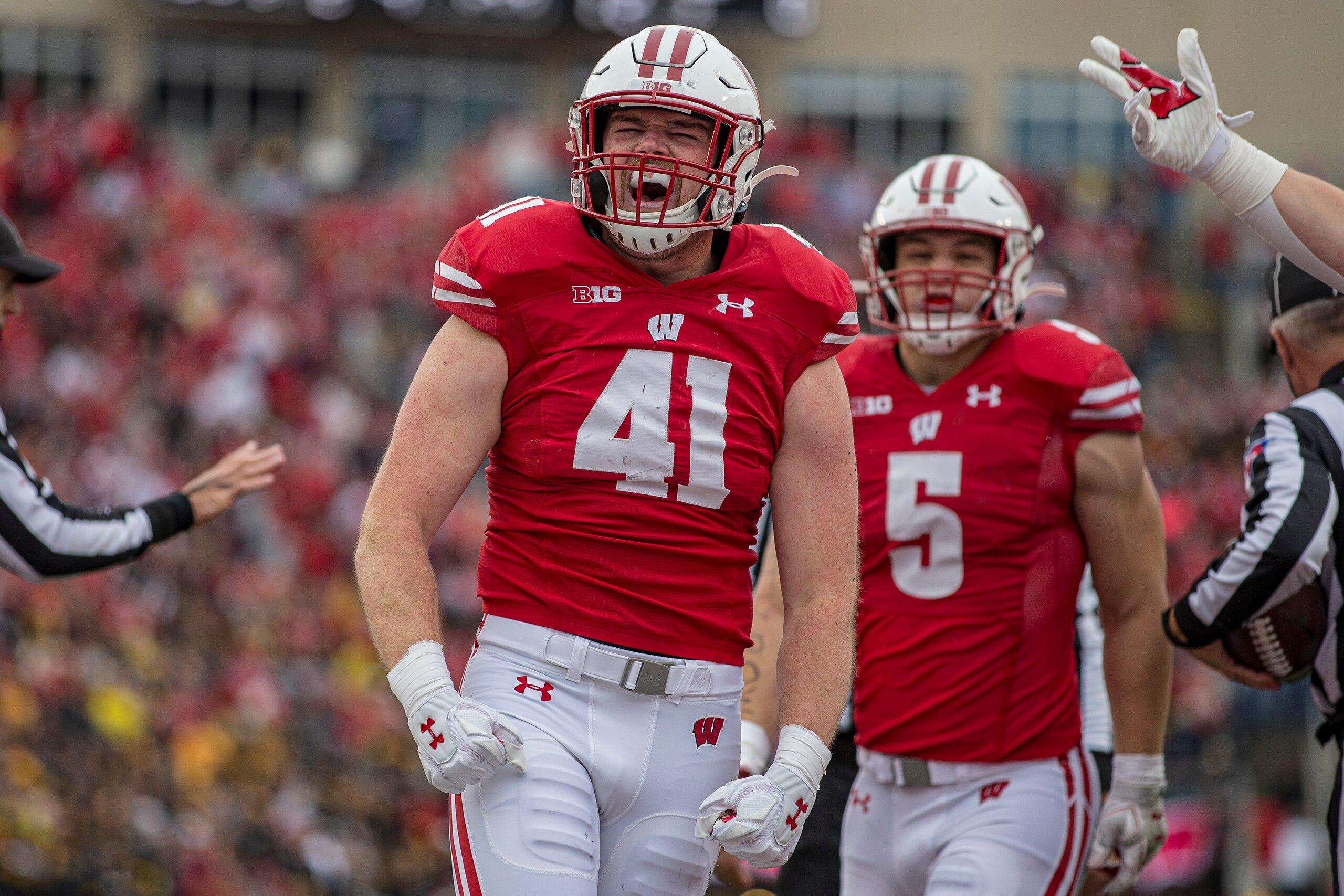 MADISON, WI - OCTOBER 30: Wisconsin Badgers outside linebacker Noah Burks (41) celebrates after recovering a fumble durning a college football game between the Iowa Hawkeyes and the Wisconsin Badgers on October 30th, 2021 at Camp Randall Stadium in Madison, WI. (Photo by Dan Sanger/Icon Sportswire via Getty Images)