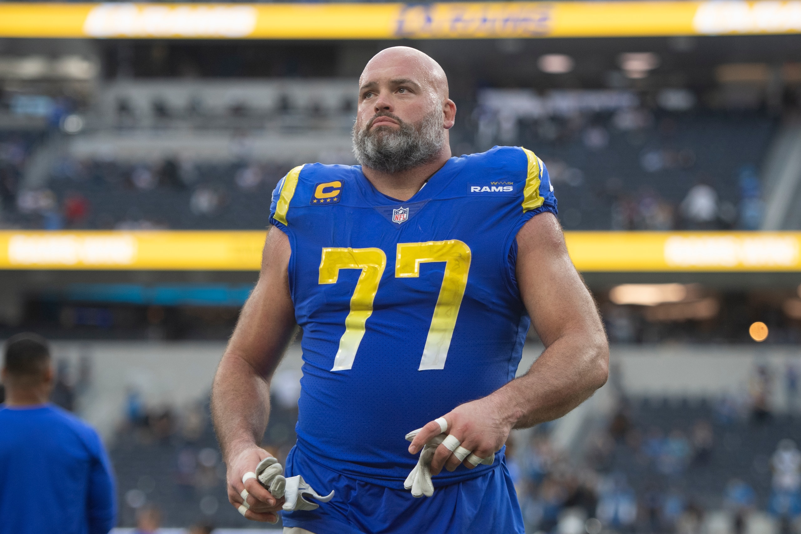 Los Angeles Rams offensive tackle Andrew Whitworth (77) walks back to the locker room after the team defeats the Detroit Lions in an NFL football game Sunday, Oct. 24, 2021, in Inglewood, Calif. (AP Photo/Kyusung Gong)