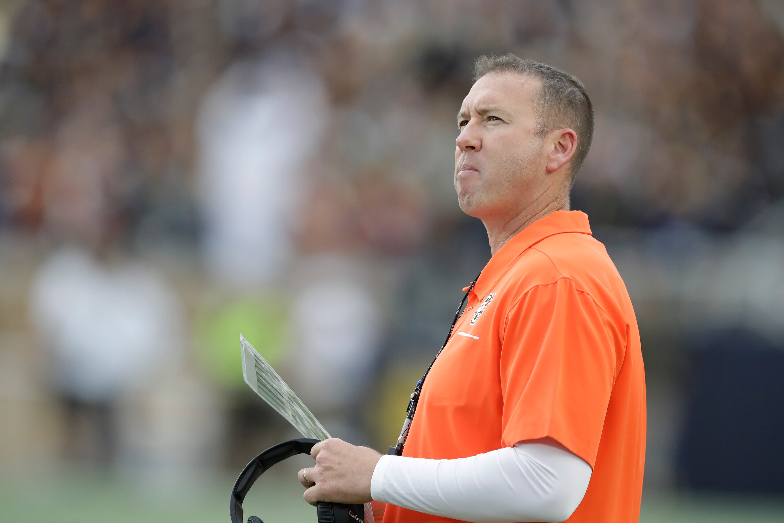 Bowling Green head coach Scot Loeffler looks up at the scoreboard during the second half of an NCAA college football game against Notre Dame, Saturday, Oct. 5, 2019, in South Bend, Ind. Notre Dame won 52-0. (AP Photo/Darron Cummings)