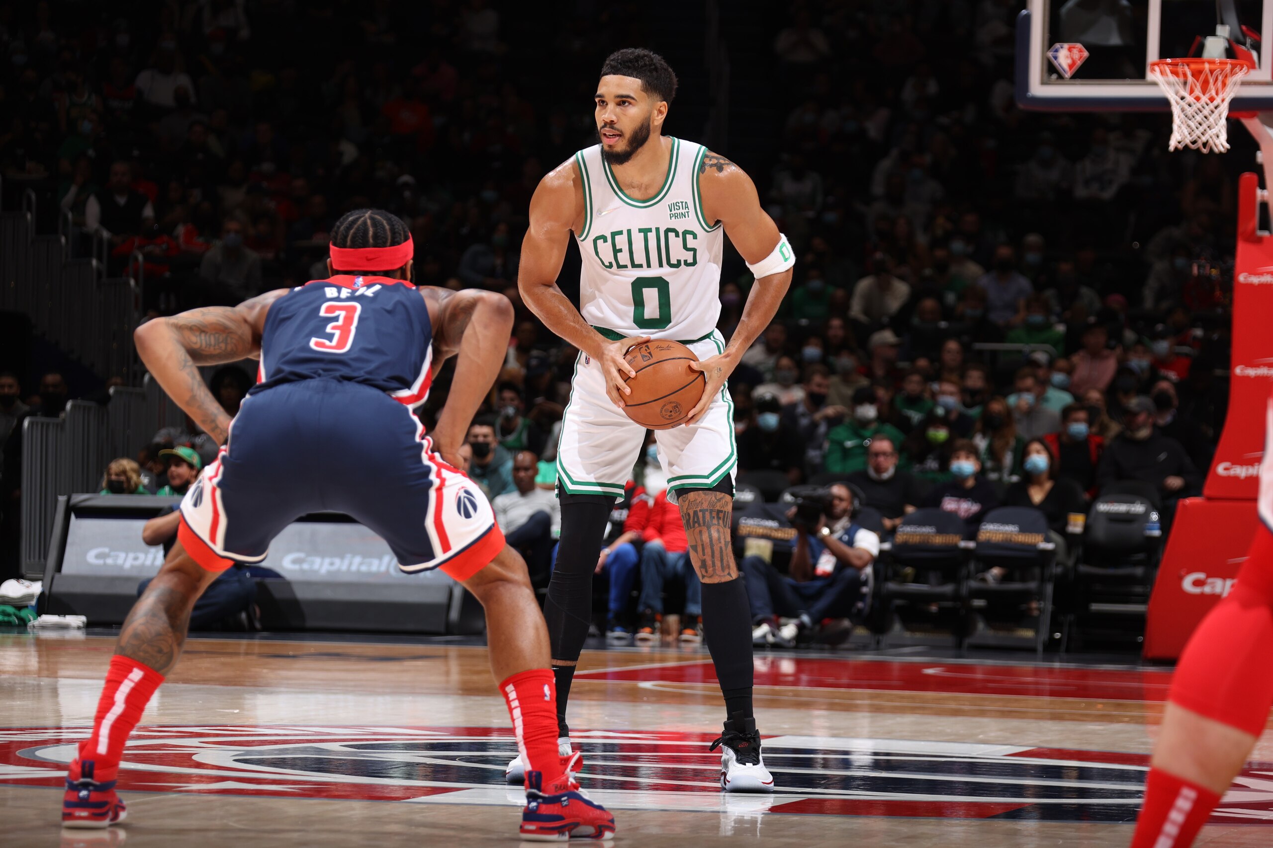 WASHINGTON, DC -  OCTOBER 30: Jayson Tatum #0 of the Boston Celtics handles the ball against the Washington Wizards on October 30, 2021 at Capital One Arena in Washington, DC. NOTE TO USER: User expressly acknowledges and agrees that, by downloading and or using this Photograph, user is consenting to the terms and conditions of the Getty Images License Agreement. Mandatory Copyright Notice: Copyright 2021 NBAE (Photo by Stephen Gosling/NBAE via Getty Images)