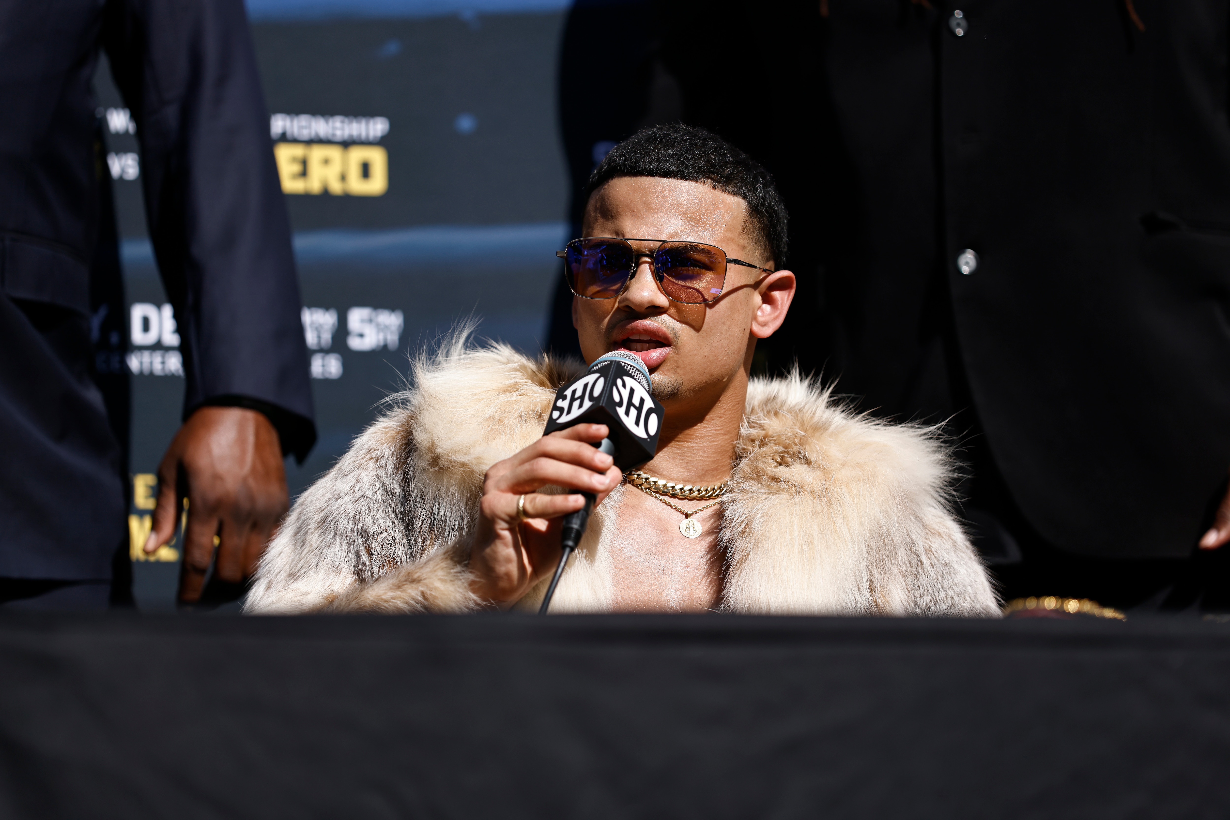 LOS ANGELES, CALIFORNIA - OCTOBER 21: Rolando Romero speaks during a press conference ahead of his WBA Lightweight Championship fight against Gervonta Davis on December 5, at Staples Center on October 21, 2021 in Los Angeles, California. (Photo by Michael Owens/Getty Images)
