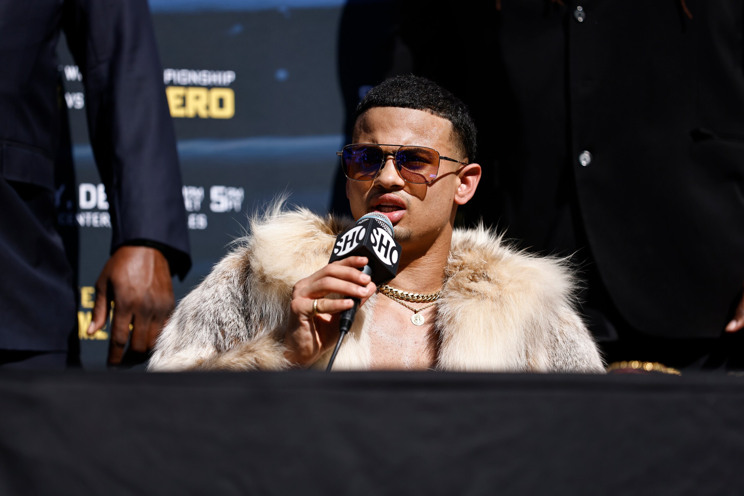 LOS ANGELES, CALIFORNIA - OCTOBER 21: Rolando Romero speaks during a press conference ahead of his WBA Lightweight Championship fight against Gervonta Davis on December 5, at Staples Center on October 21, 2021 in Los Angeles, California. (Photo by Michael Owens/Getty Images)