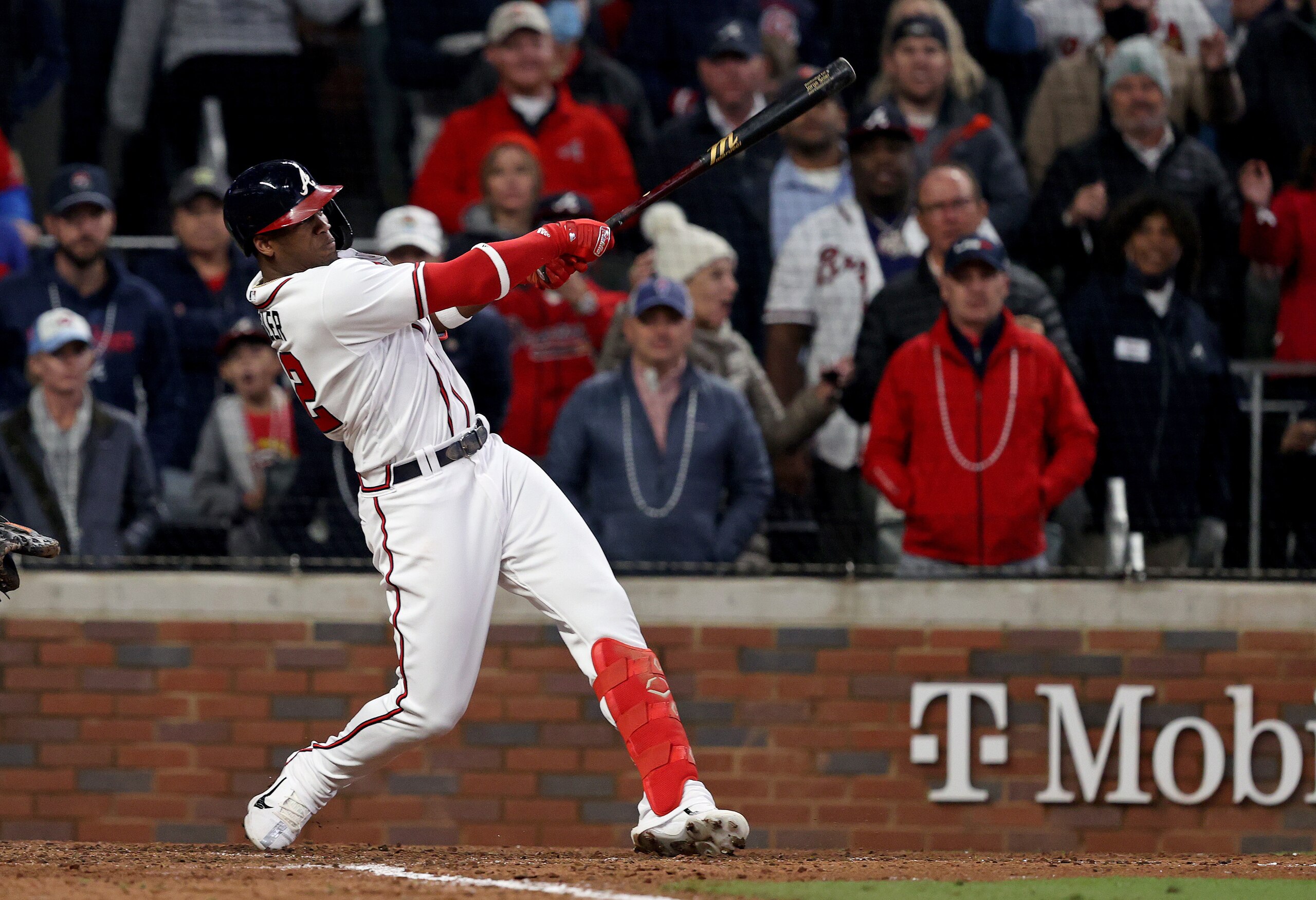 ATLANTA, GEORGIA - OCTOBER 30:  Jorge Soler #12 of the Atlanta Braves hits a solo home run against the Houston Astros during the seventh inning in Game Four of the World Series at Truist Park on October 30, 2021 in Atlanta, Georgia. (Photo by Elsa/Getty Images)