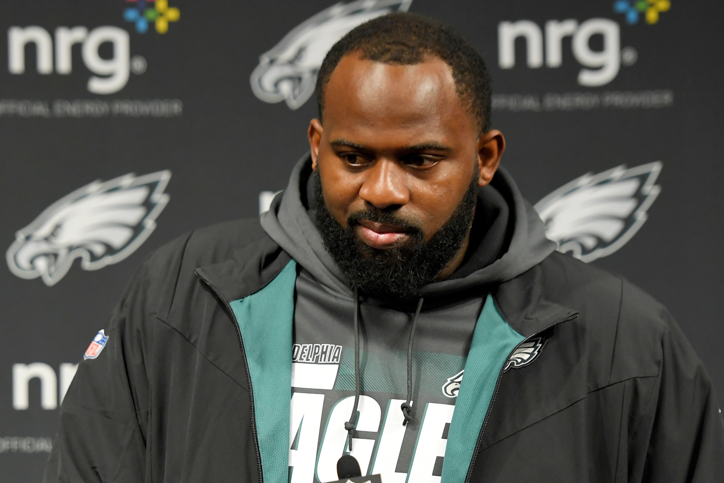 Philadelphia Eagles defensive tackle Fletcher Cox (91) attends a news conference after an NFL football game between the Las Vegas Raiders and the Philadelphia Eagles, Sunday, Oct. 24, 2021, in Las Vegas. (AP Photo/David Becker)