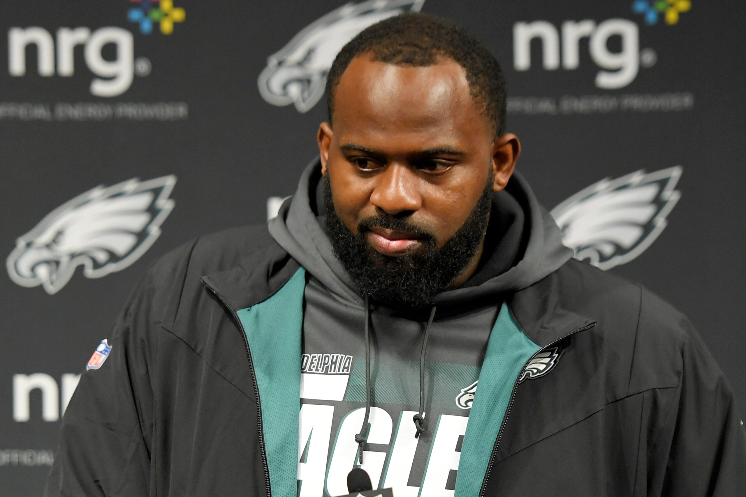 Philadelphia Eagles defensive tackle Fletcher Cox (91) attends a news conference after an NFL football game between the Las Vegas Raiders and the Philadelphia Eagles, Sunday, Oct. 24, 2021, in Las Vegas. (AP Photo/David Becker)