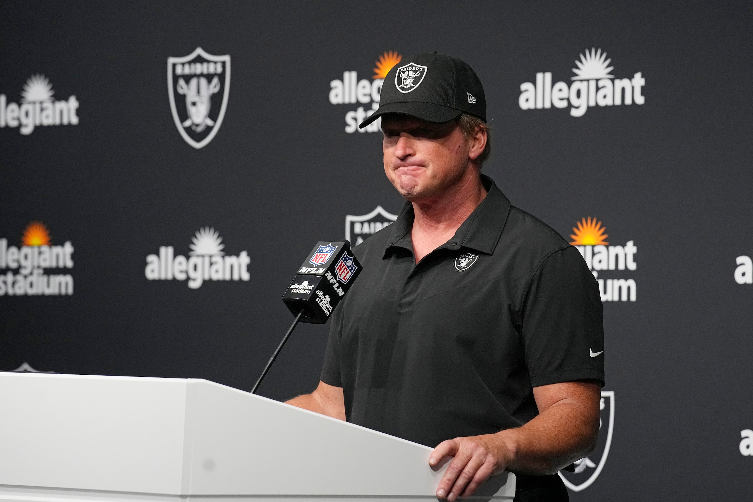 Las Vegas Raiders head coach Jon Gruden speaks during a news conference after an NFL football game against the Chicago Bears, Sunday, Oct. 10, 2021, in Las Vegas. (AP Photo/Rick Scuteri)