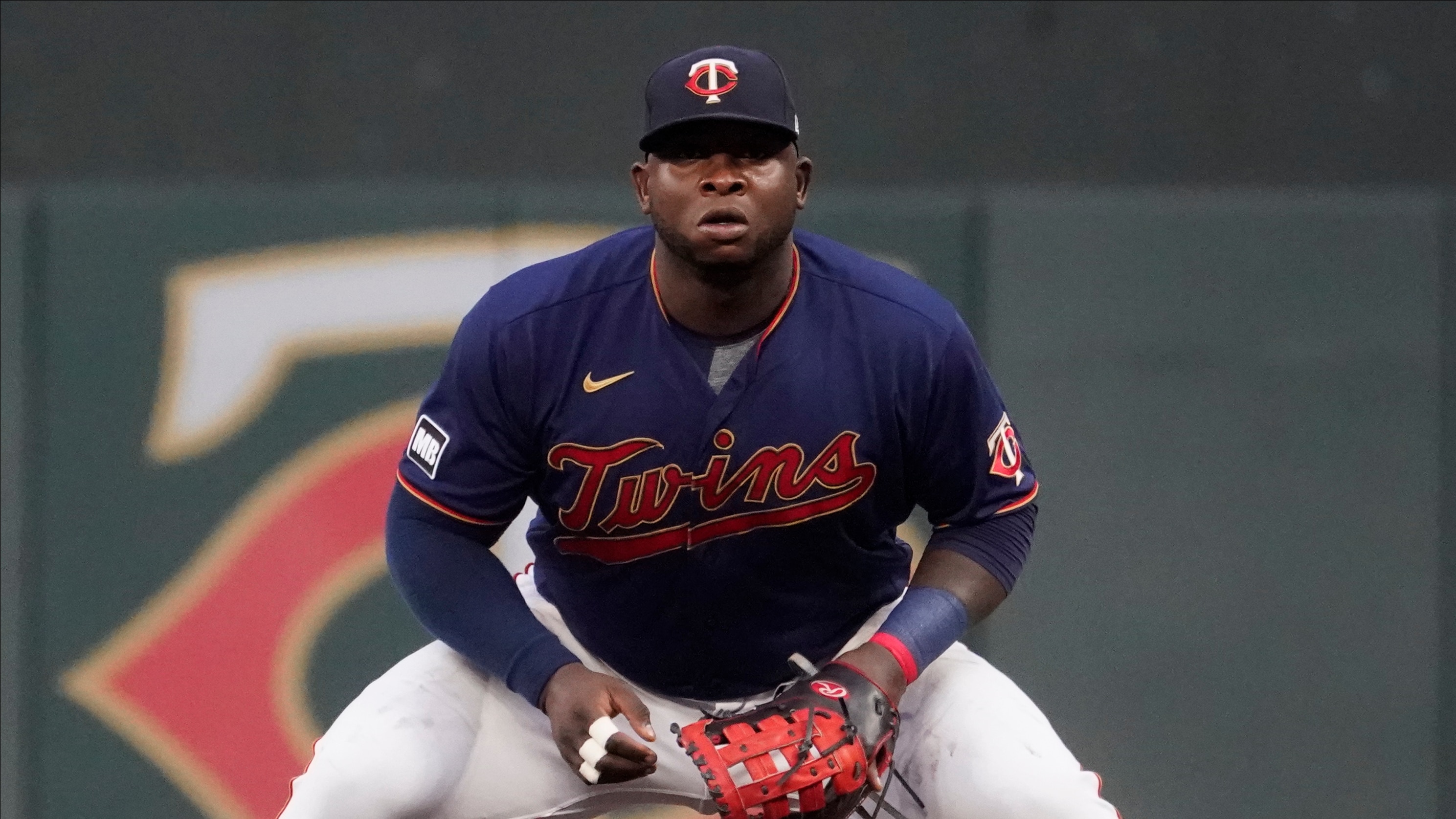 Minnesota Twins' Miguel Sano defends first base against the Detroit Tigers in a baseball game, Wednesday, Sept. 29, 2021, in Minneapolis. (AP Photo/Jim Mone)