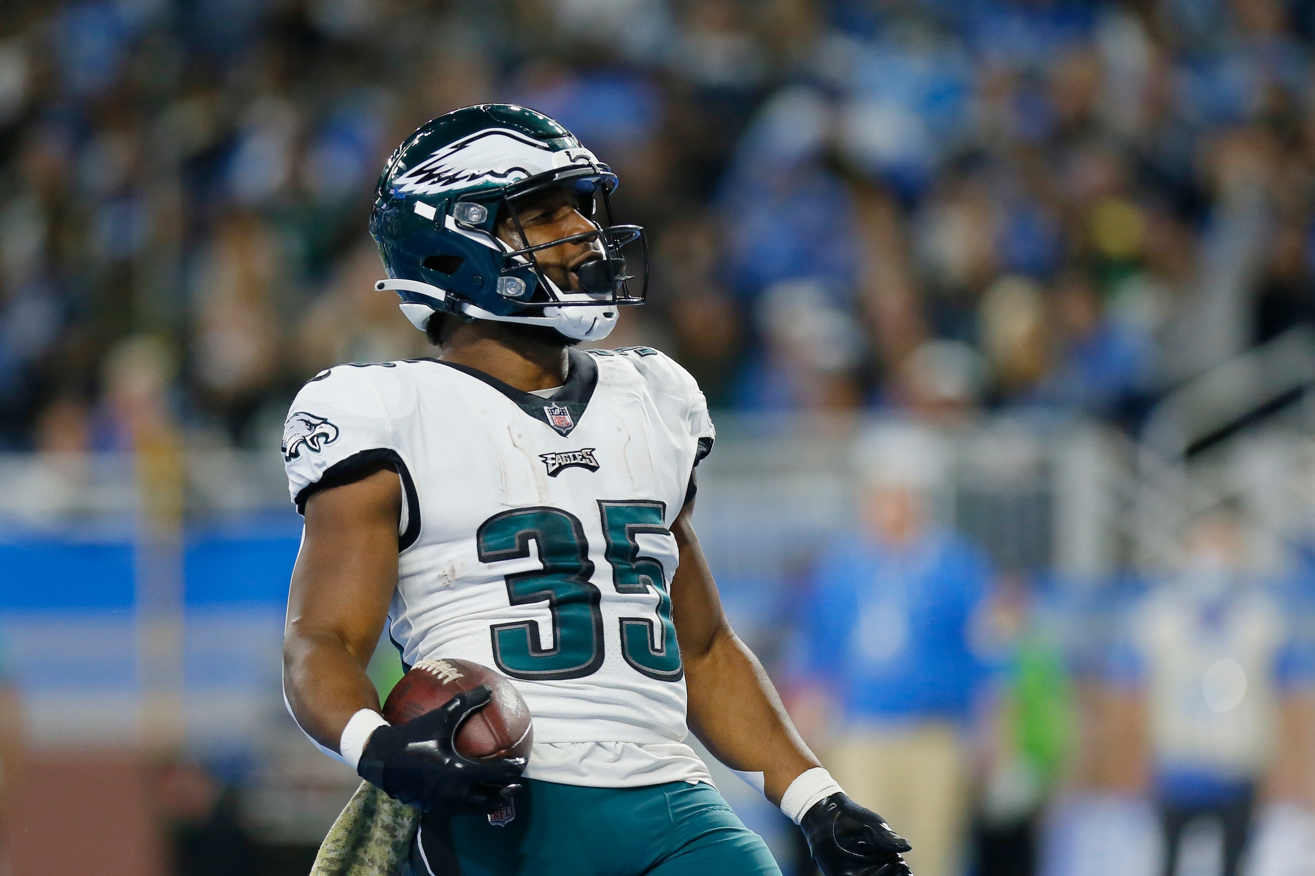 Philadelphia Eagles running back Boston Scott reacts after his 1-yard touchdown run during the first half of an NFL football game against the Detroit Lions, Sunday, Oct. 31, 2021, in Detroit. (AP Photo/Duane Burleson)
