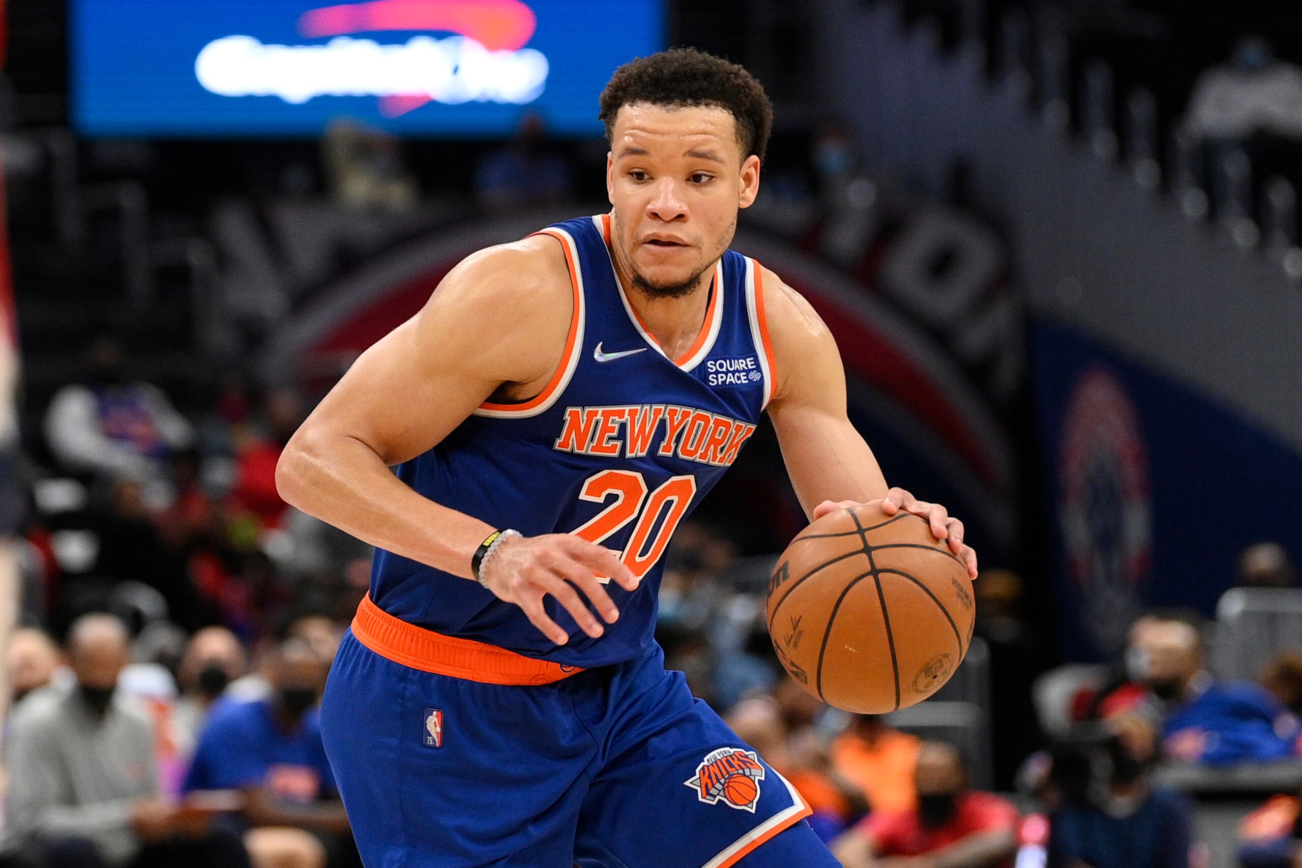 New York Knicks forward Kevin Knox II (20) in action during the second half of an NBA preseason basketball game against the Washington Wizards, Saturday, Oct. 9, 2021, in Washington. The Knicks won 117-99. (AP Photo/Nick Wass)