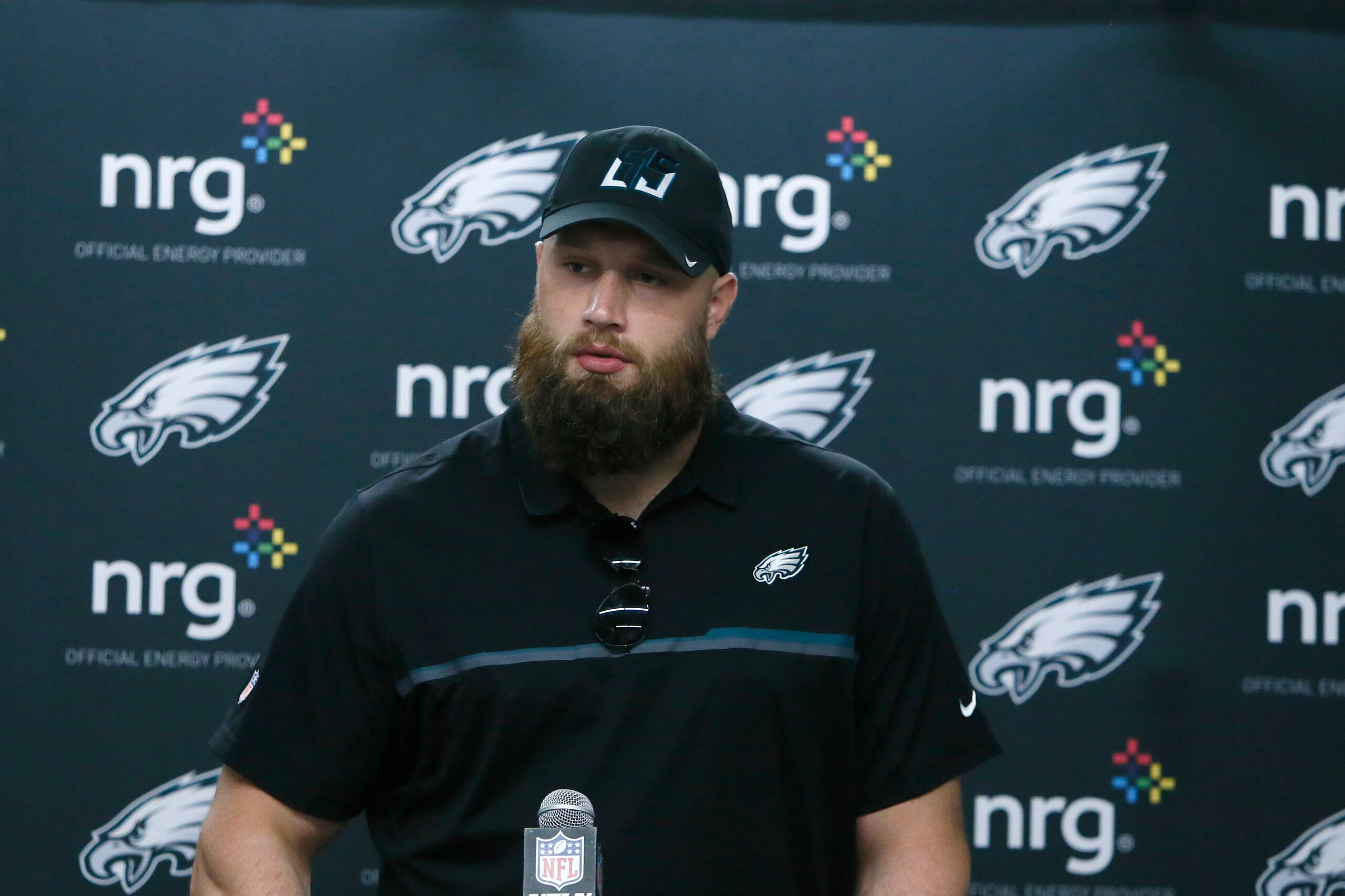 Philadelphia Eagles offensive tackle Lane Johnson addresses the media after an NFL football game against the Detroit Lions, Sunday, Oct. 31, 2021, in Detroit. (AP Photo/Duane Burleson)