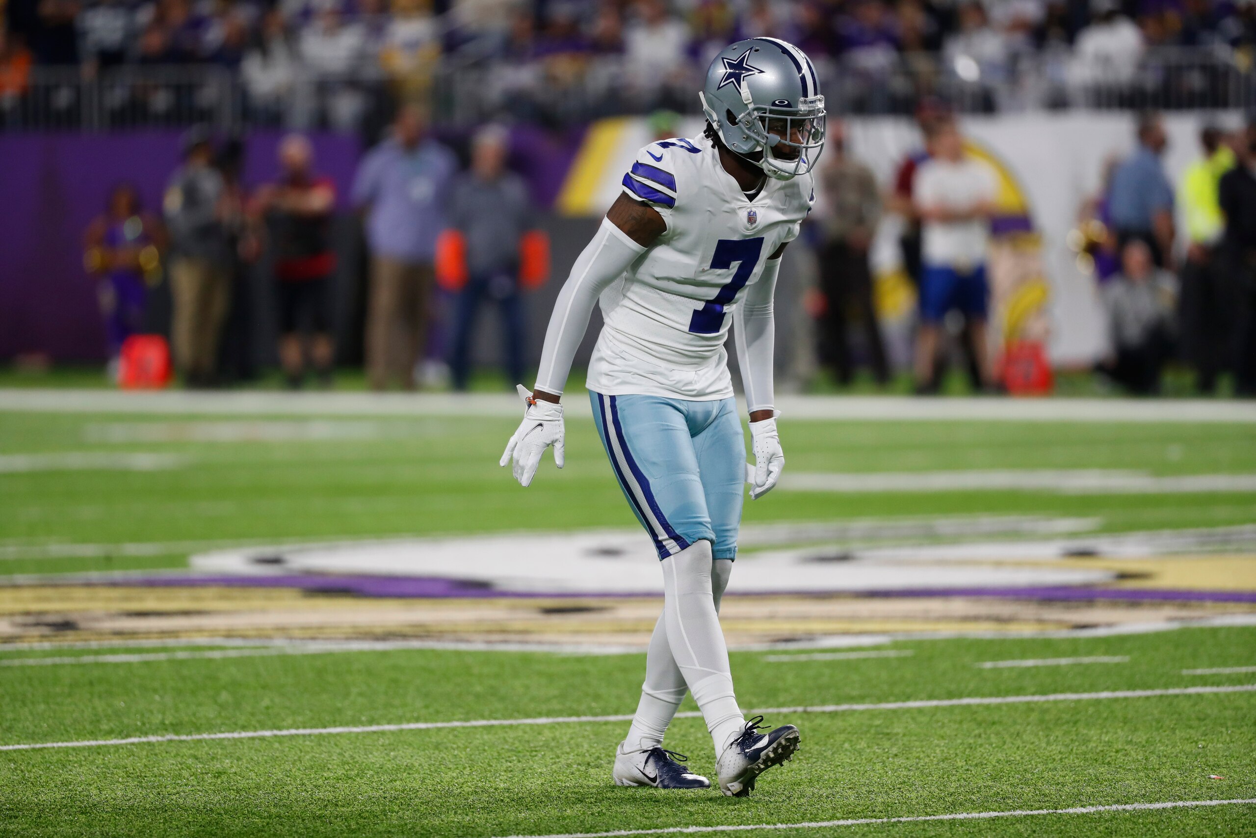 Dallas Cowboys defensive back Trevon Diggs (7) gets set for a play during the first half of an NFL football game against the Minnesota Vikings, Sunday, Oct. 31, 2021, in Minneapolis. (AP Photo/Bruce Kluckhohn)